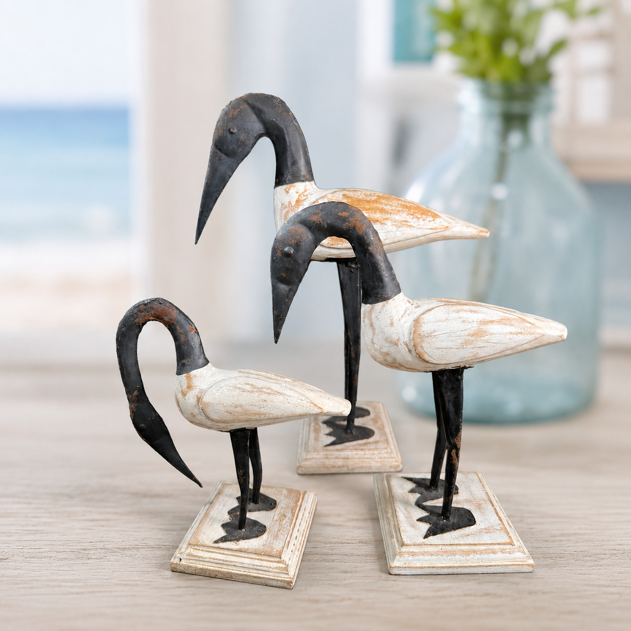 Hand Carved Wooden Shorebirds / Canadian Geese W/ Metal Accents Set of 3 White