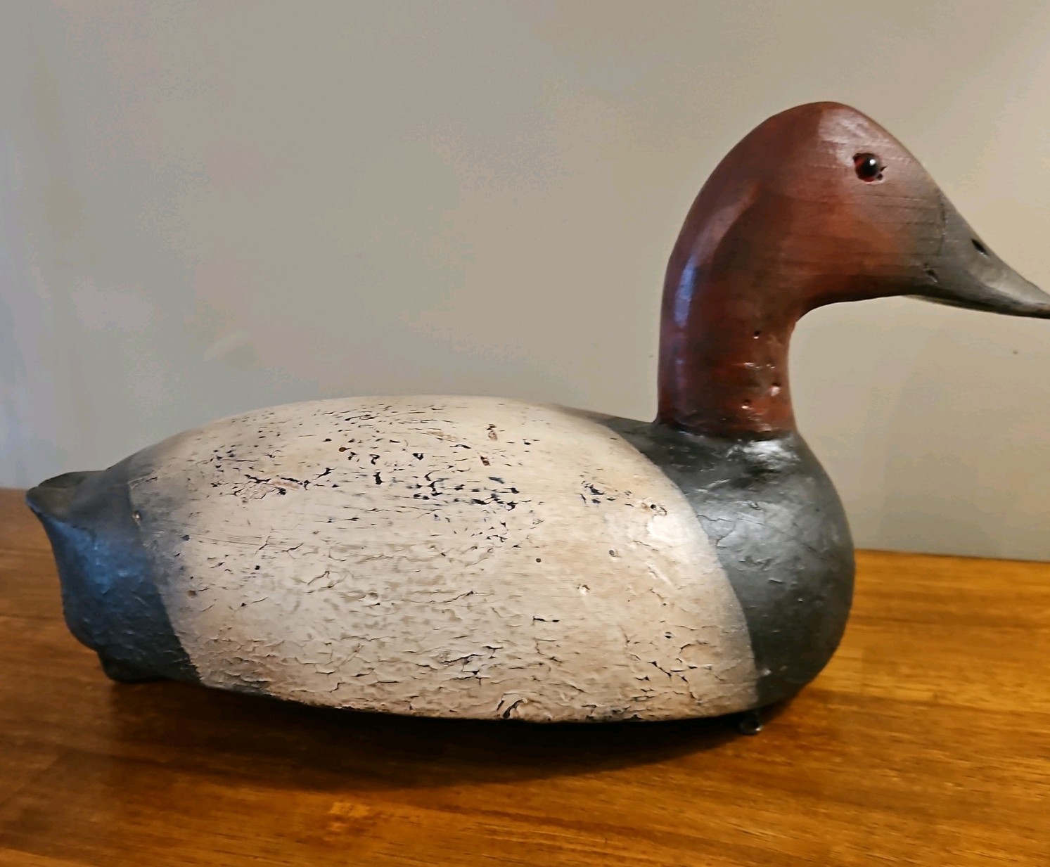LARGE VINTAGE CANVASBACK DUCK DECOY, Solid Wood, Glass Eyes, stand not included