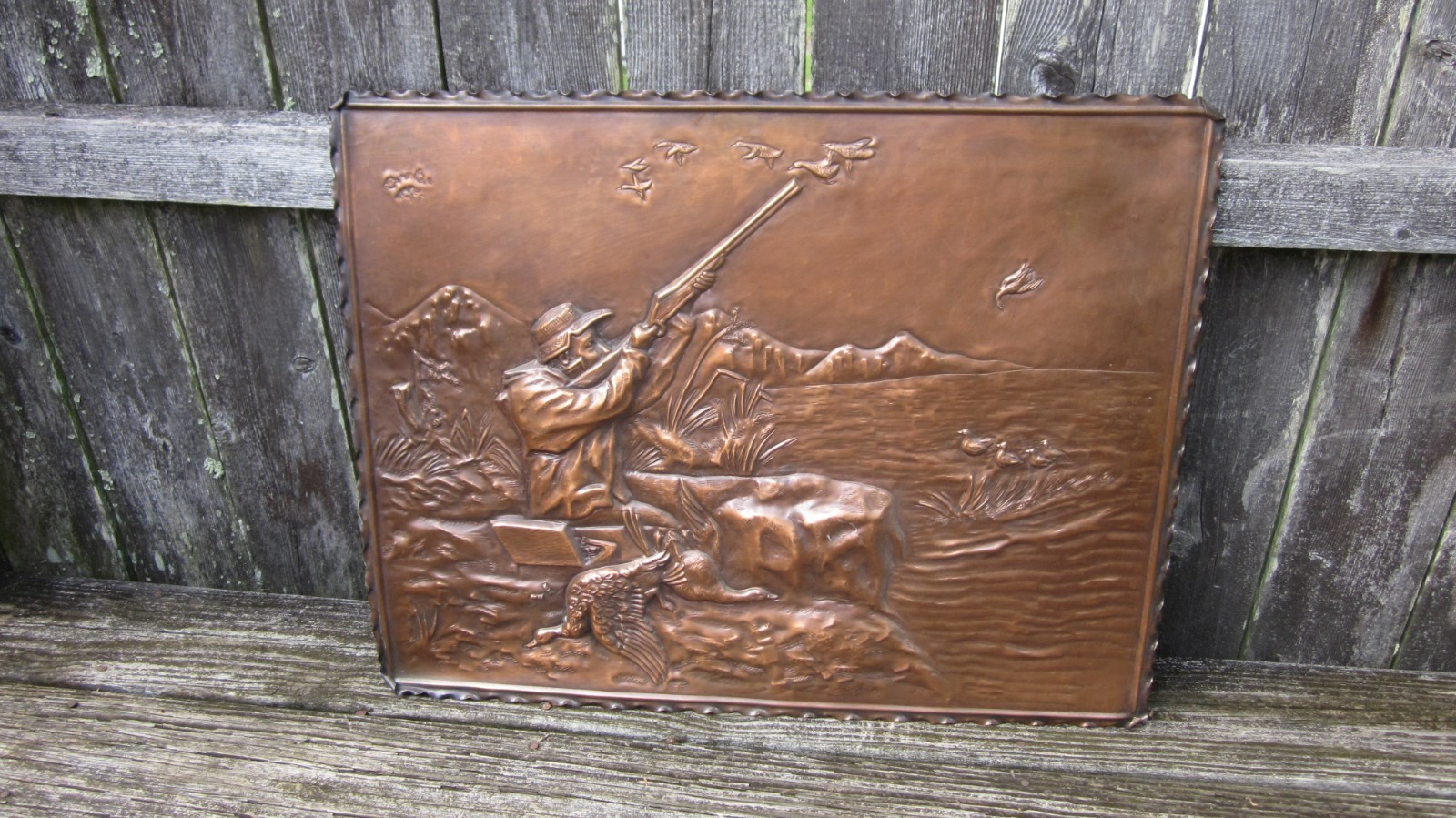 VINTAGE COPPER WALL PLAQUE DUCK HUNTING DECOY SHOTGUN SHOREBIRD SHOOTING SHELL