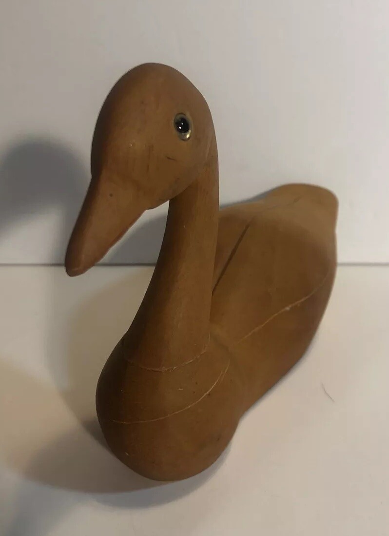 Vintage Carved Wood Duck Goose Decoy Natural Woodgrain Unpainted Glass Eyes 6.5”