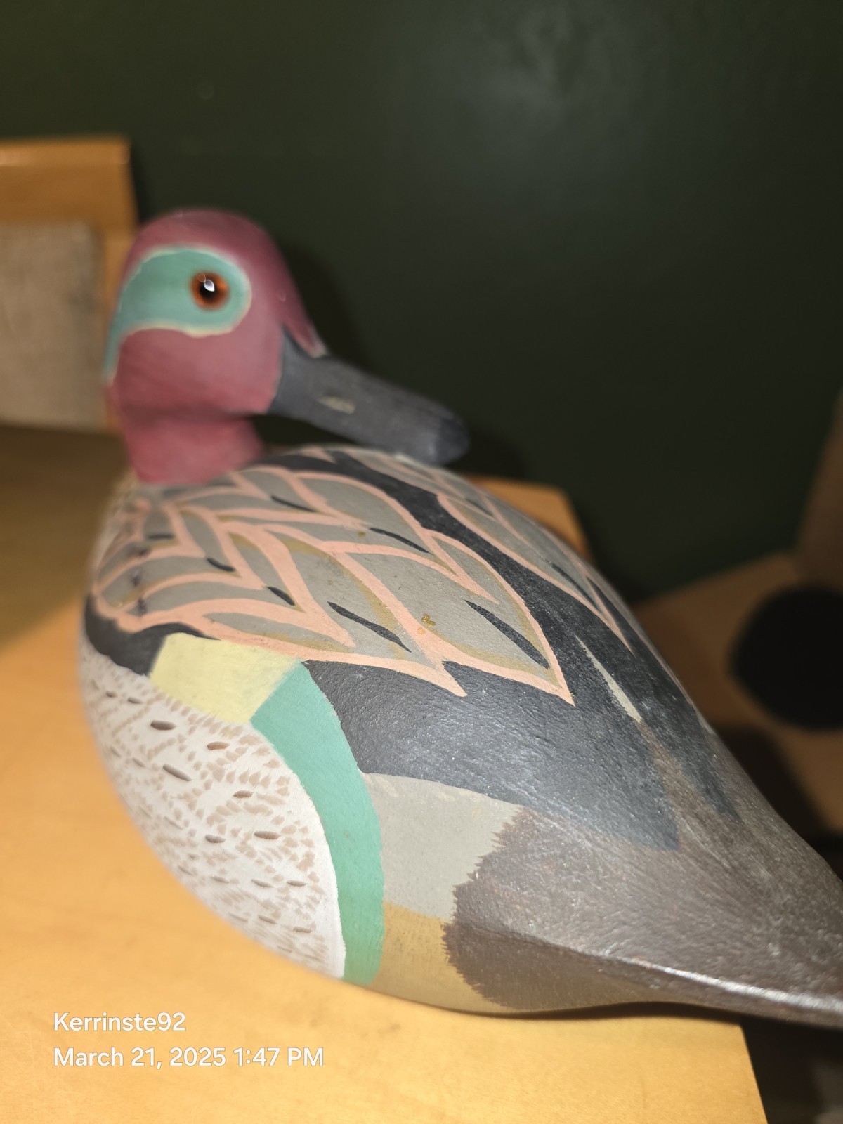 VTG 80s Hand Carved Solid Wood Decoy Duck Sleeper Green Winged Teal Drake Signed
