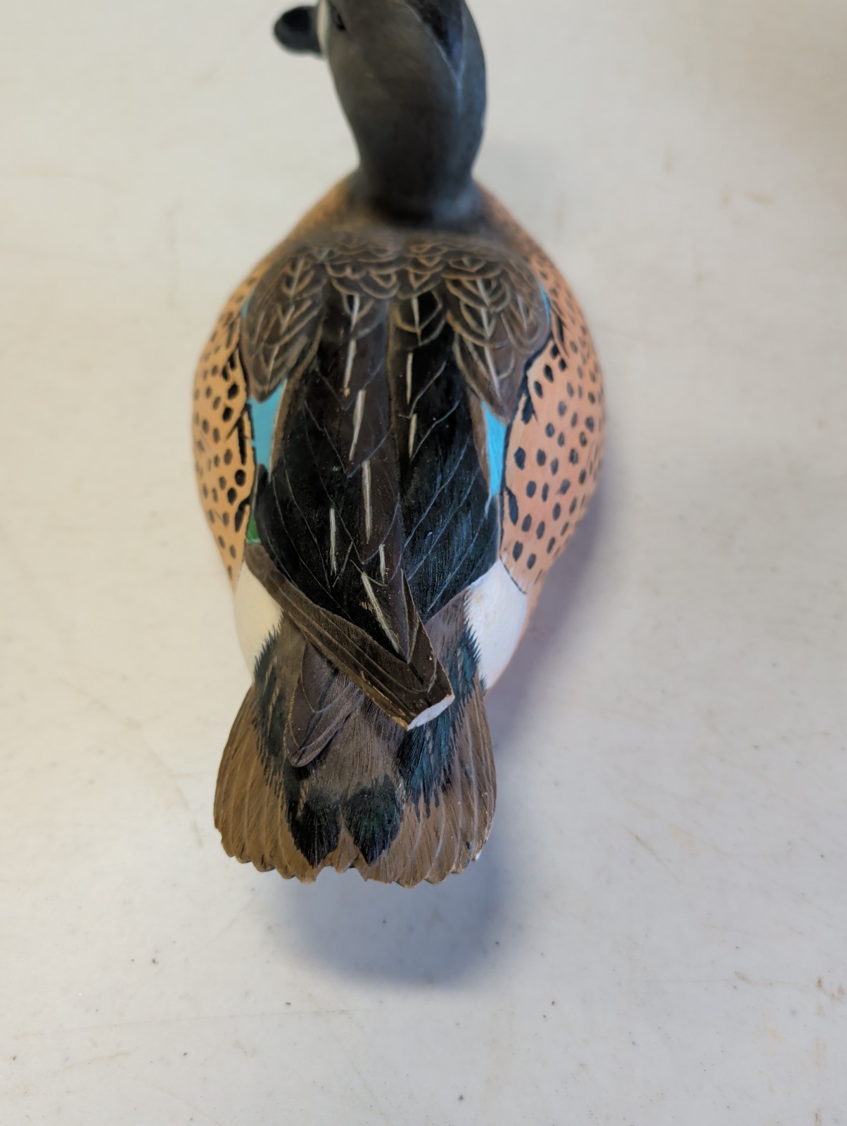 Blue Winged Teal Decoy. Chipped Tail Feather