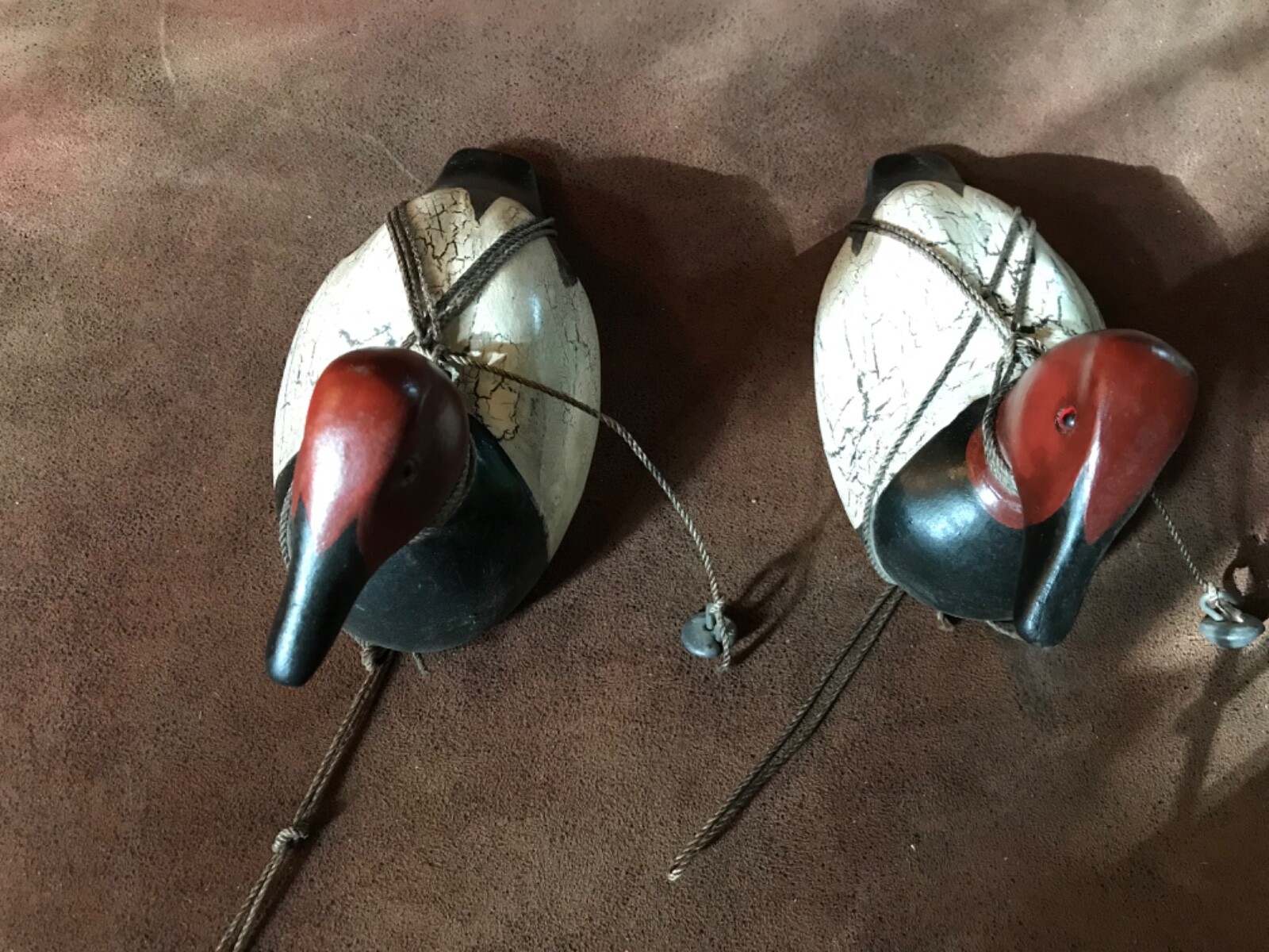 HAND-CARVED WOOD RED HEADED PIN DUCK DECOYS by Wm. Willet