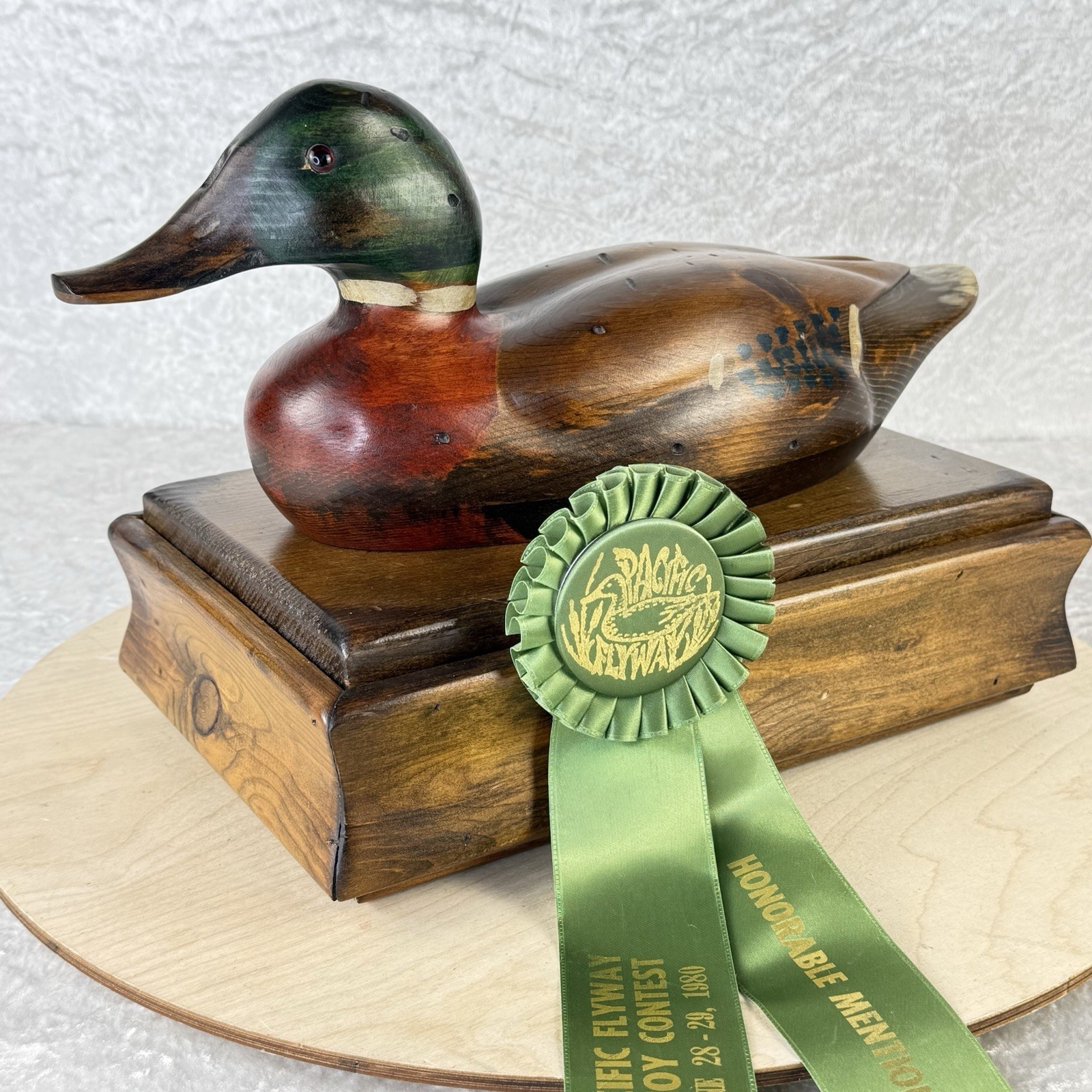 VTG 1980 Tom Taber Carved Mallard Duck Decoy Box Hand Signed w/PFDC Award Ribbon