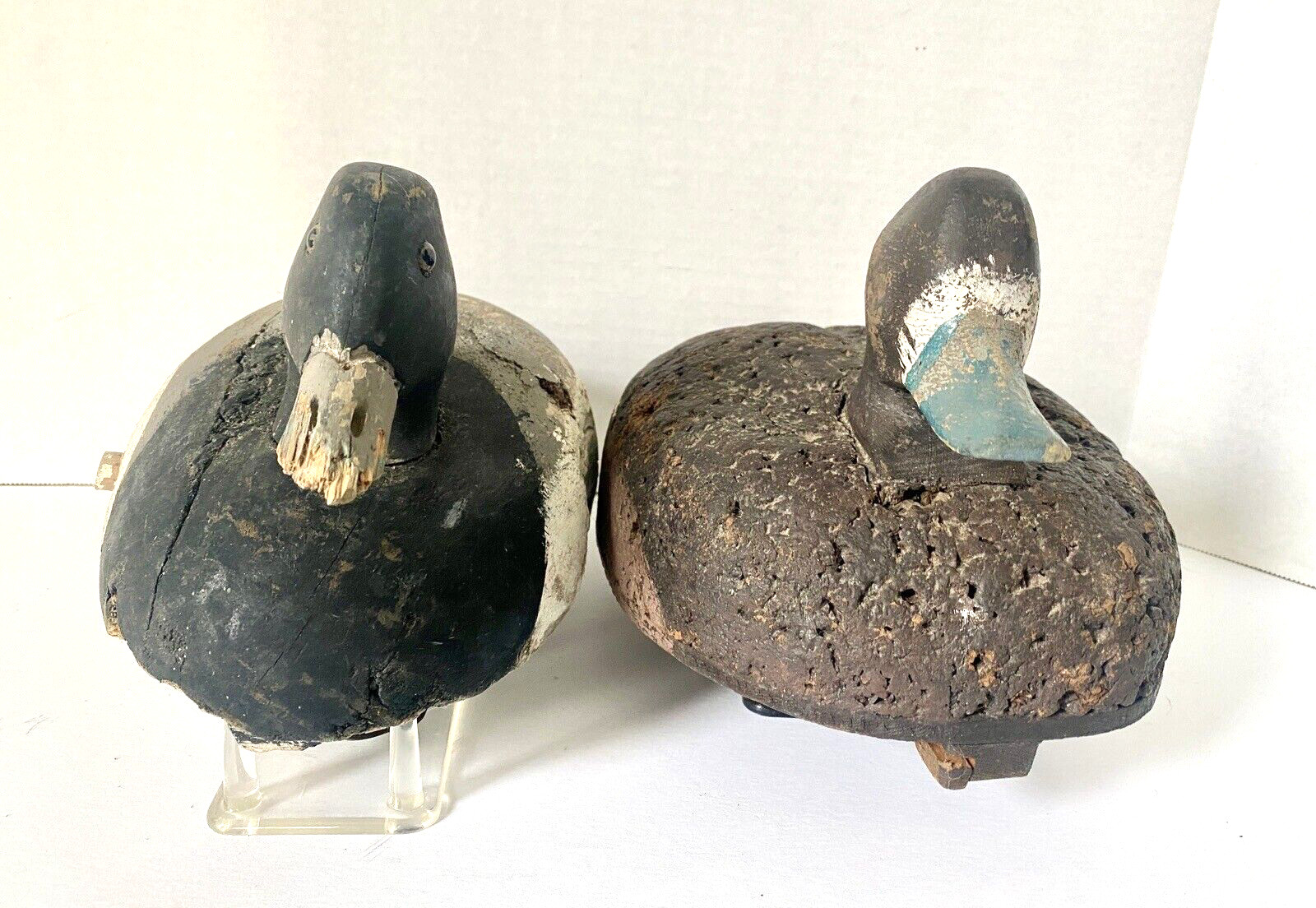 Vintage Scaup Duck Decoy Pair, Keel & Weight on Base, 1 Wood Body & 1 Cork Body