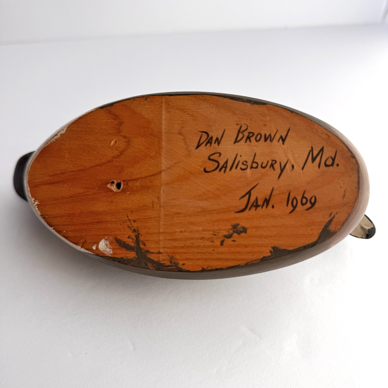 1969 Dan Brown Carved Wooden Duck Decoy Salisbury Maryland Signed & Dated