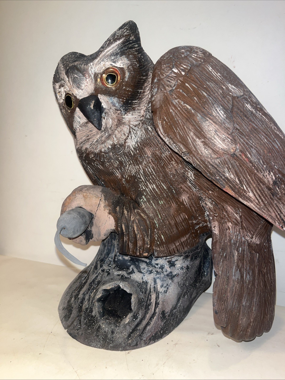 great horned owl decoy glass eye vintage holding mouse