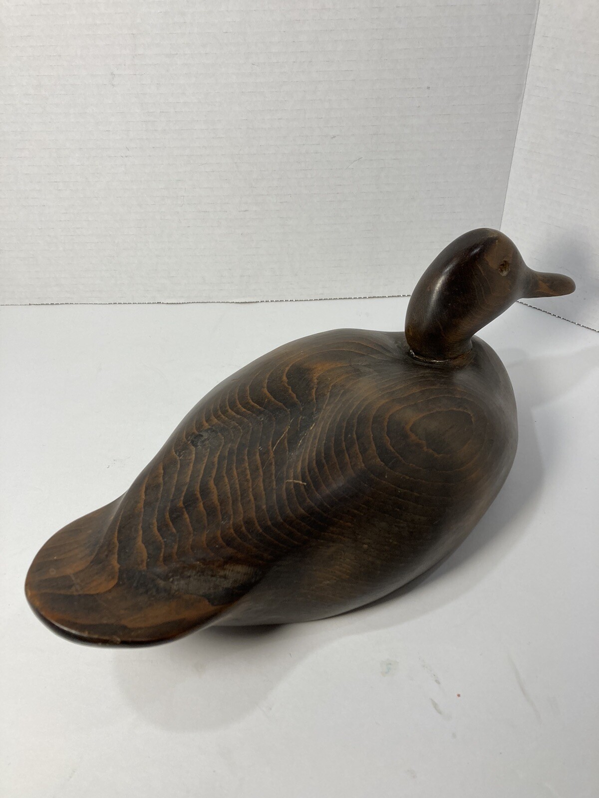 Vintage Hand Carved Solid Wood Duck Decoy-15” x 7”-Natural Dark Stain-Glass Eyes