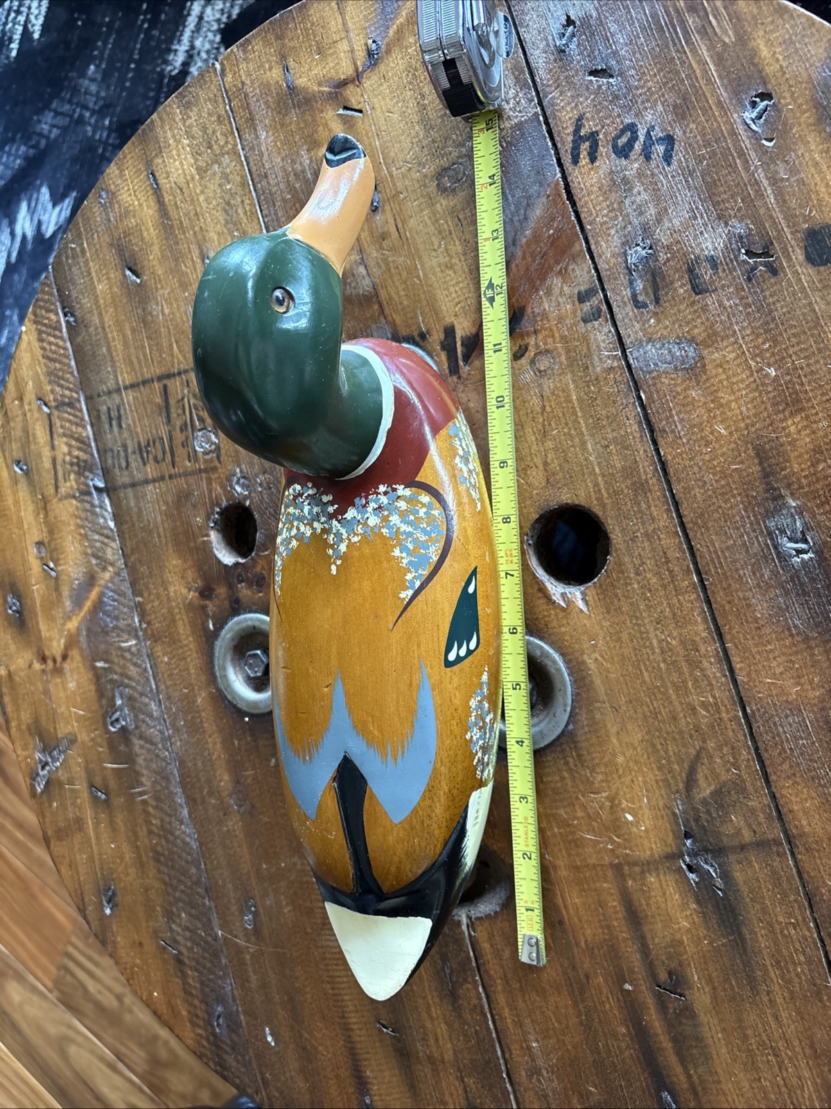 Vintage Hand Painted Carved Wood Mallard Duck Glass Eyes Made in Taiwan 14”