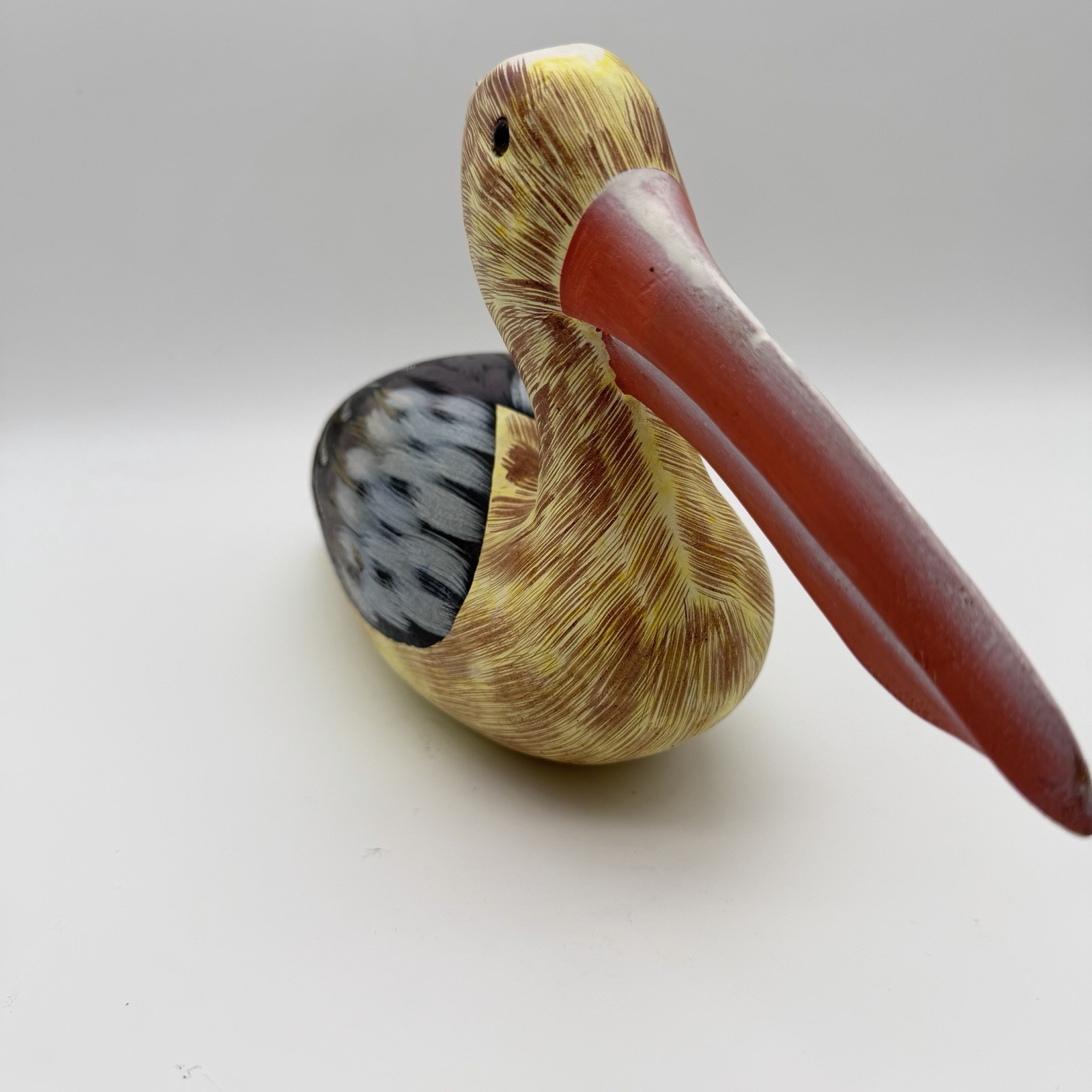 Vintage Beautiful Hand Carved & Painted Wooden Pelican Decoy 13”
