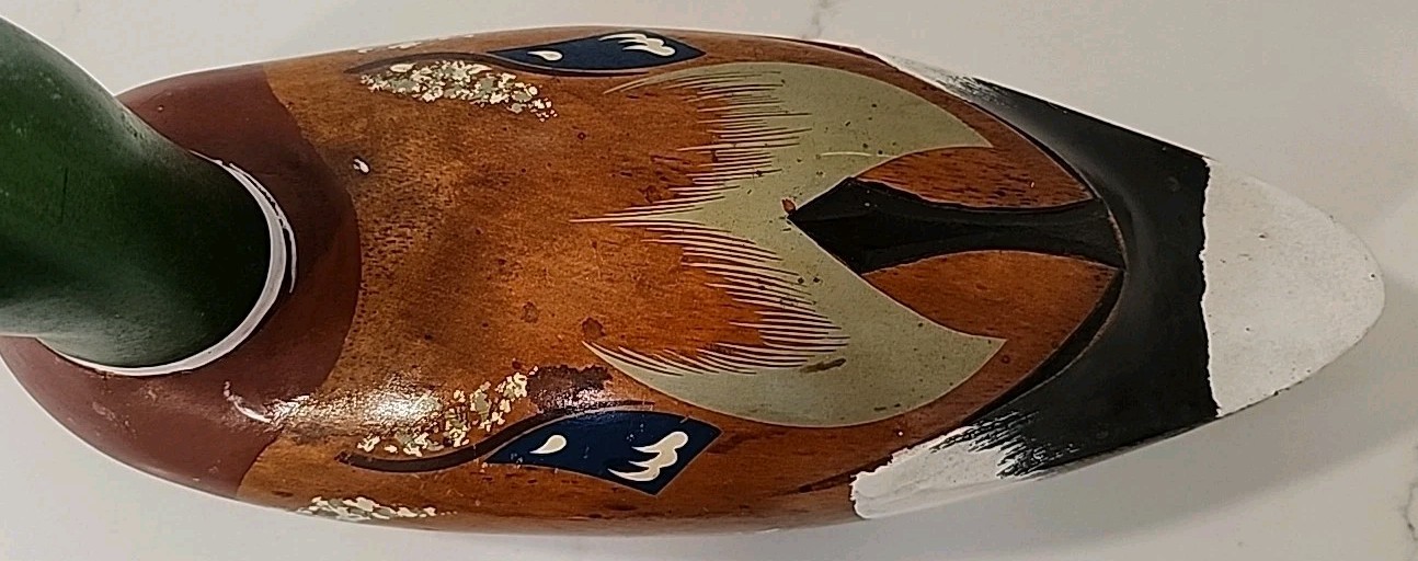 Emsom wood mallard duck drake glass eyes green head painted feathers SM27 15”