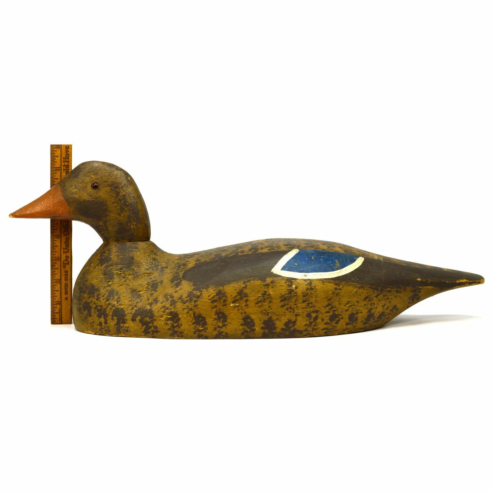 Vintage WOODEN DUCK DECOY Unsigned HAND-CARVED Hand-Painted GLASS EYES Folk Art?
