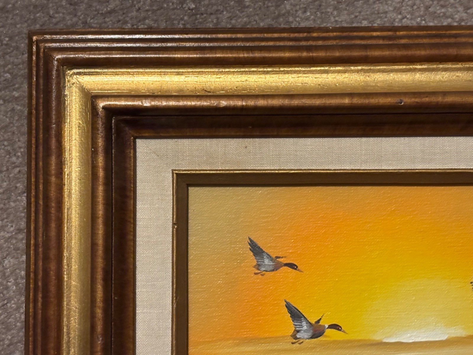 Water Fowl Picture In Unique “Gold Toned Recessed” Wood Frame