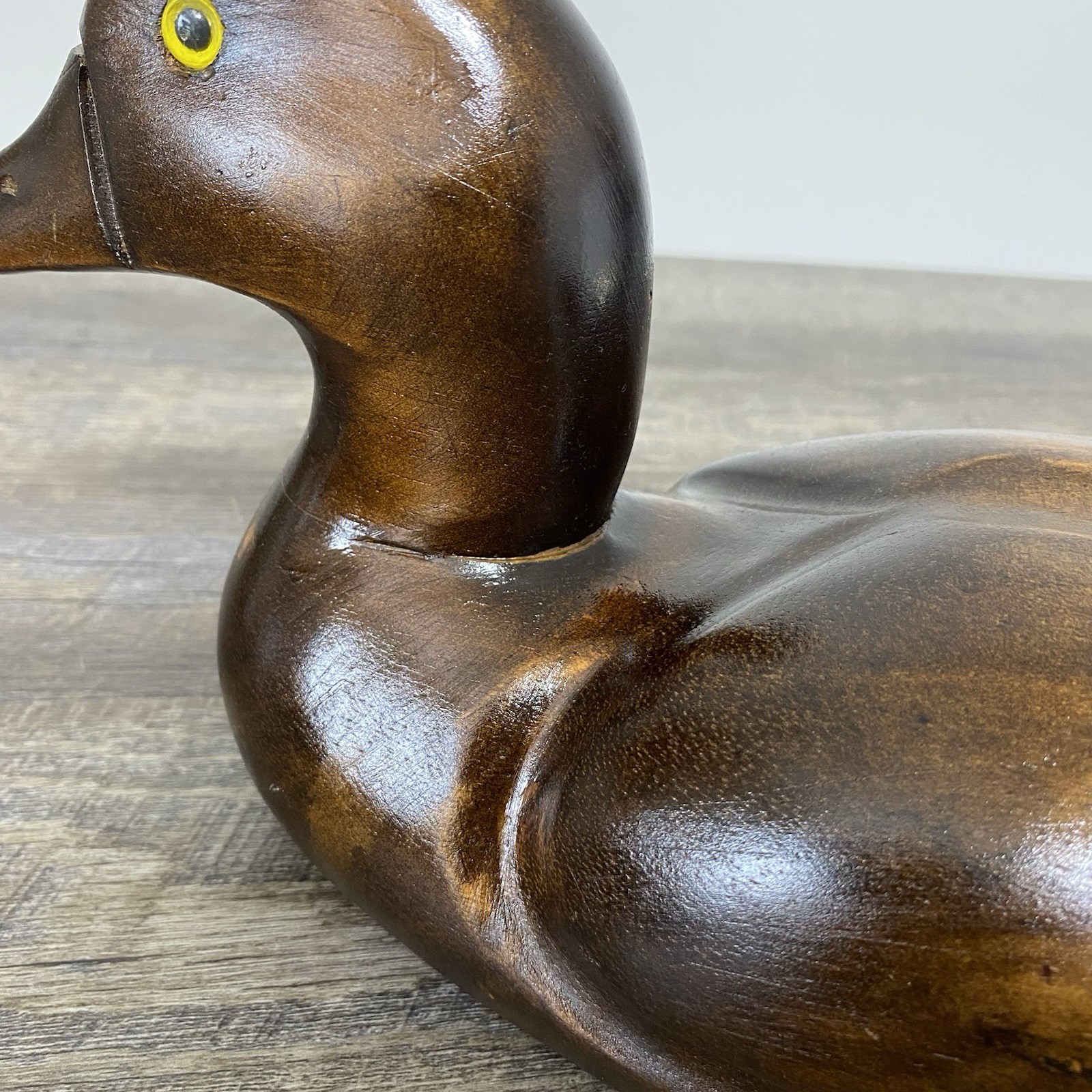 Vintage Pair of Hand Carved Wood Duck Decoys Brass Bill Folk Art Brown 15” & 12”