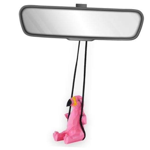 Handmade Wooden Swinging Car Hanging Ornament – Cute Hand Carved Flamingo