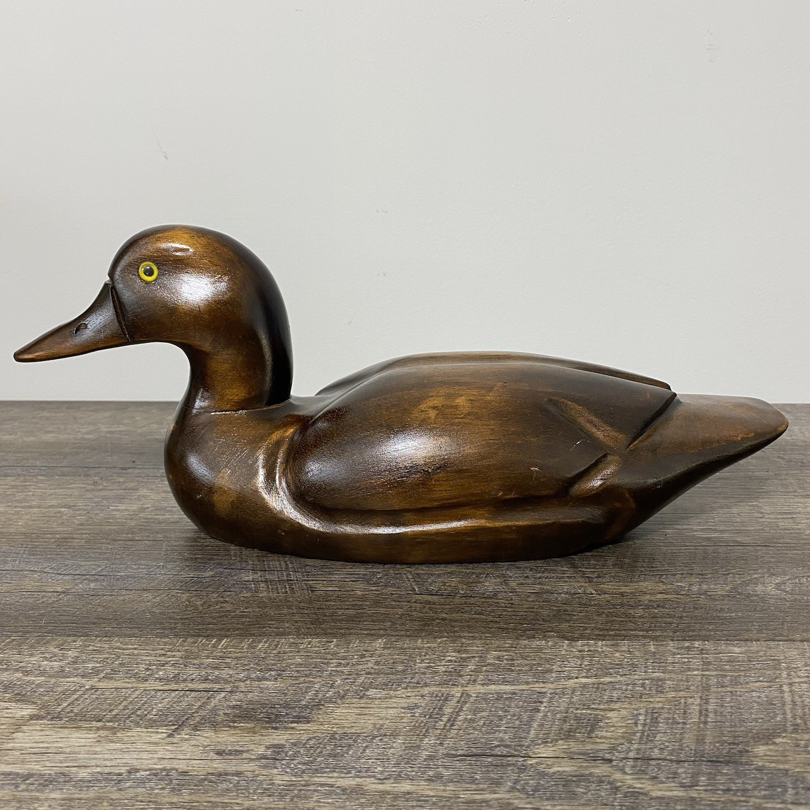 Vintage Pair of Hand Carved Wood Duck Decoys Brass Bill Folk Art Brown 15” & 12”