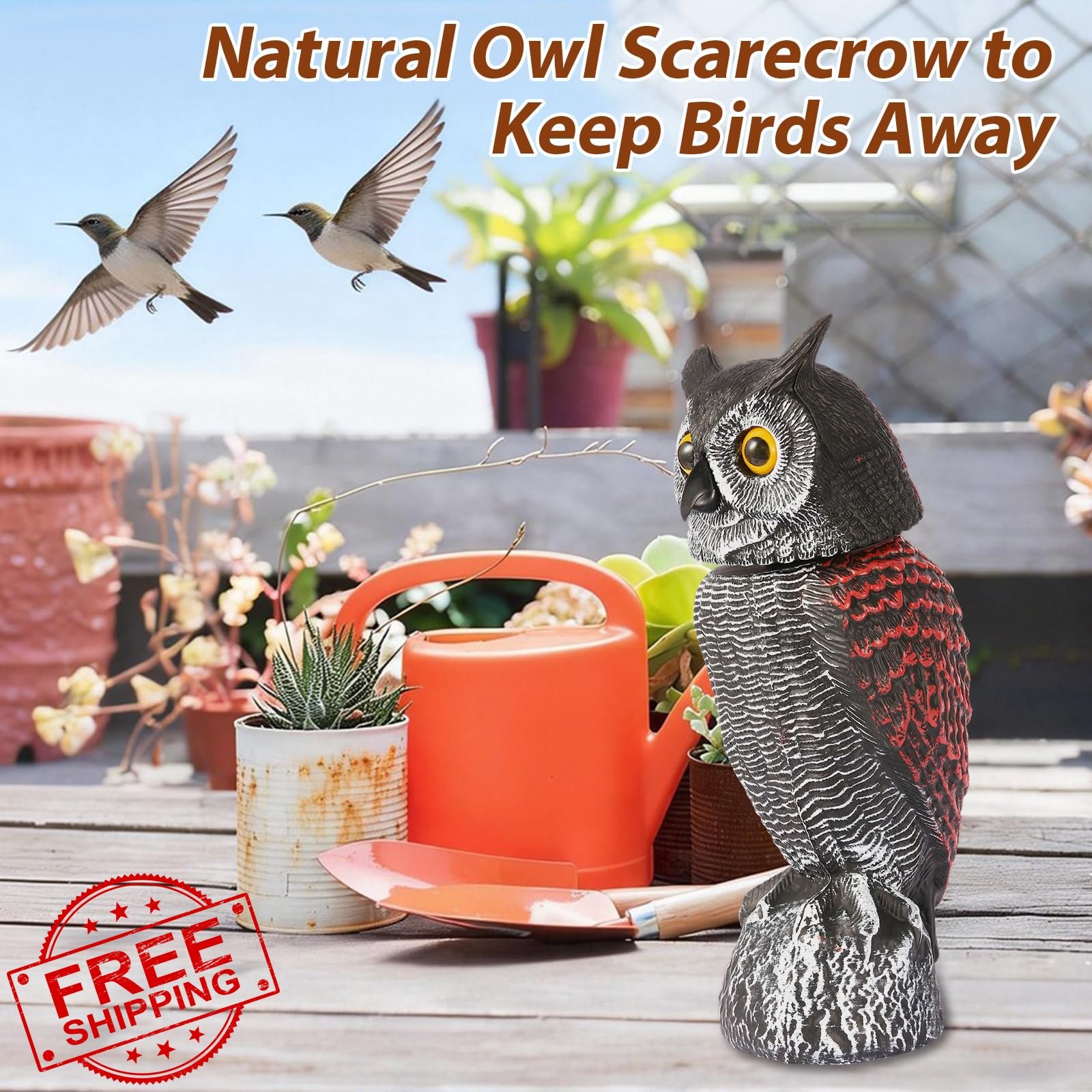 WonderField Rotating Head Owl Decoy Scare Birds Away 15.8″