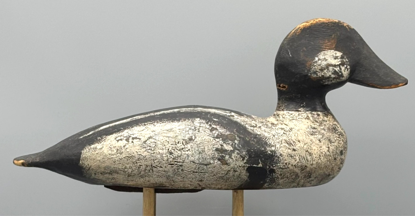 **EARLY** GOLDENEYE DRAKE ANTIQUE WOODEN DUCK DECOY W/SERIFIED “E” & ERLY PNT