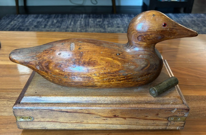 Vintage Hand Carved Wood Canvasback Duck Decoy on Cigar Box Stamped Glass Eyes