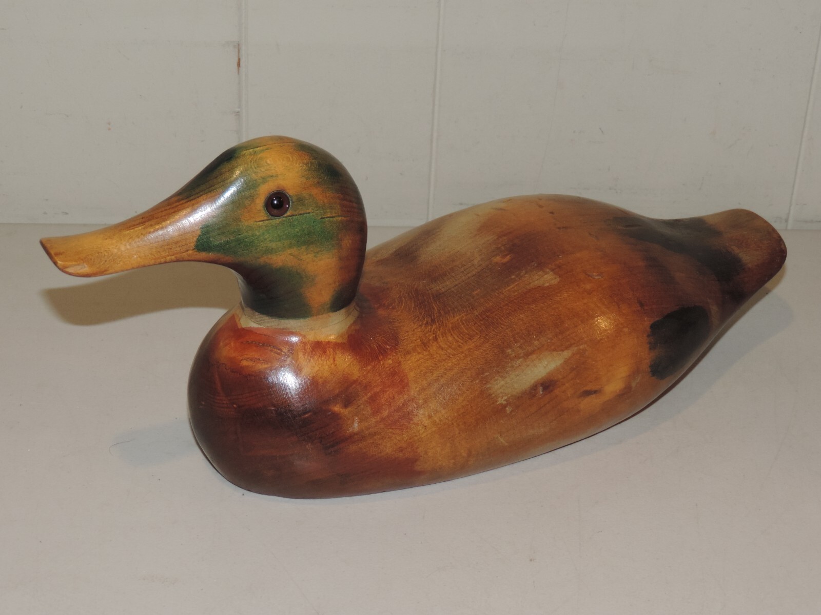 RON FISHER CARVED WOODEN DUCK MALLARD, SIGNED & DATED 1980 14 1/4″L 6 1/4″H