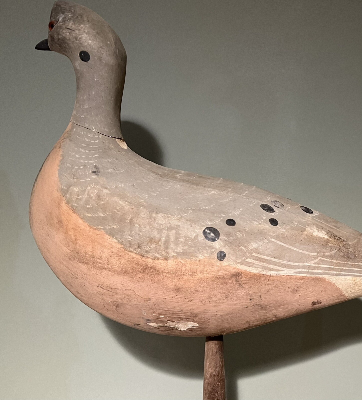 Early Antique Large Carved Wood Mourning Dove Shorebird Decoy Bird And Stand 23”