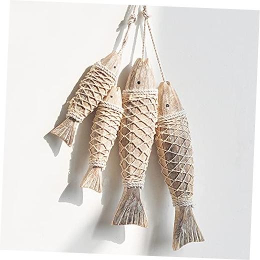 Vintage Wooden Fish Hanging Wood Fish with Fishing Net Decor Hand Carved
