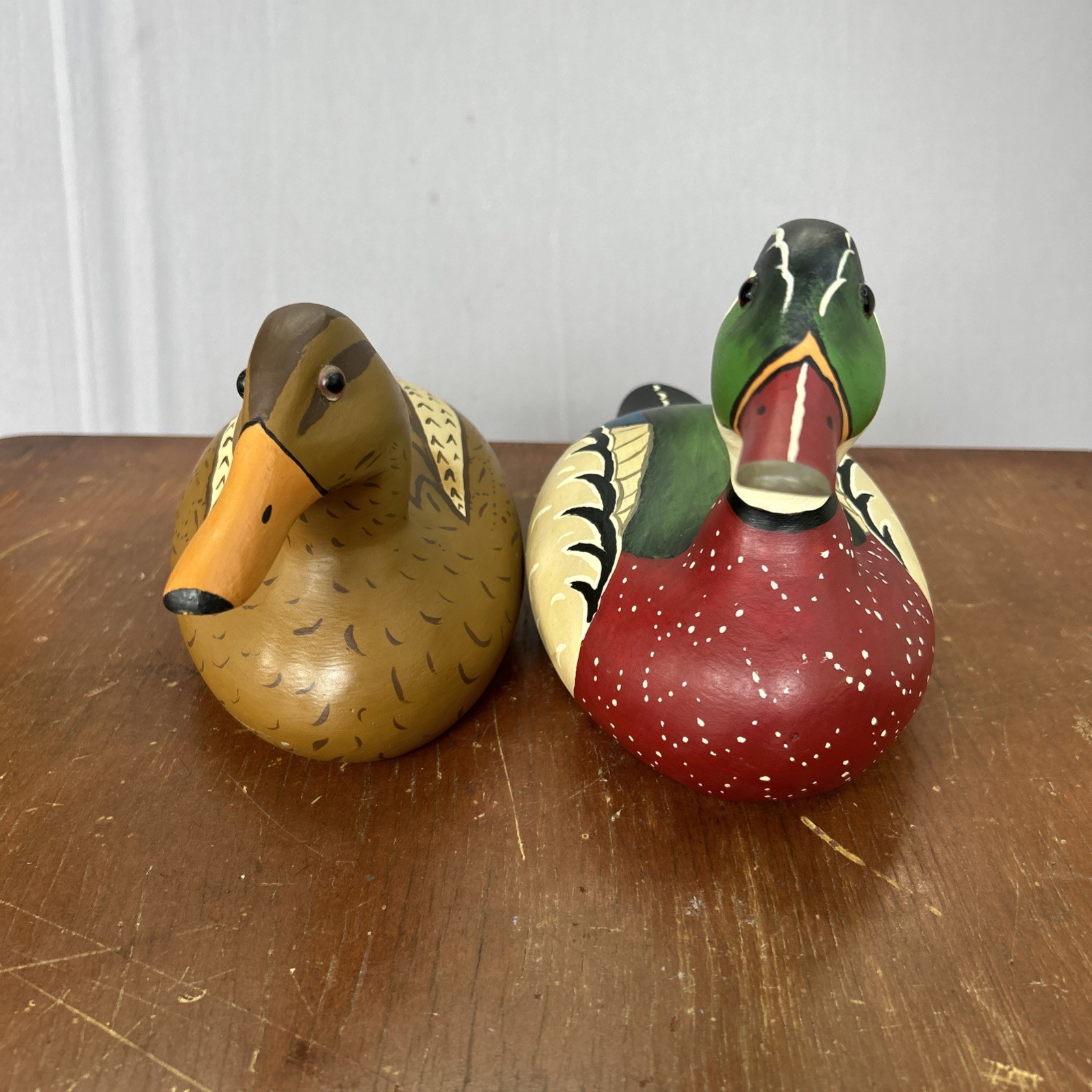 Vintage Hand Carved Wood Duck Decoy Pair Drake Hen Hand Painted Folk Art