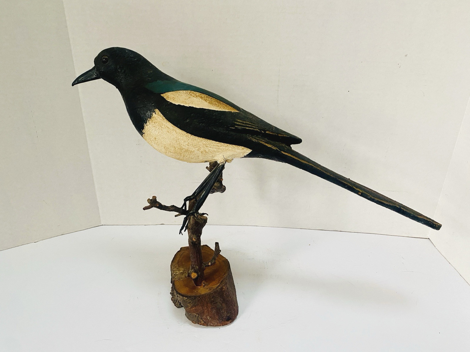 Vintage Magpie Bird Decorative Decoy, Glass Eyes, Wire Legs, Hand Painted