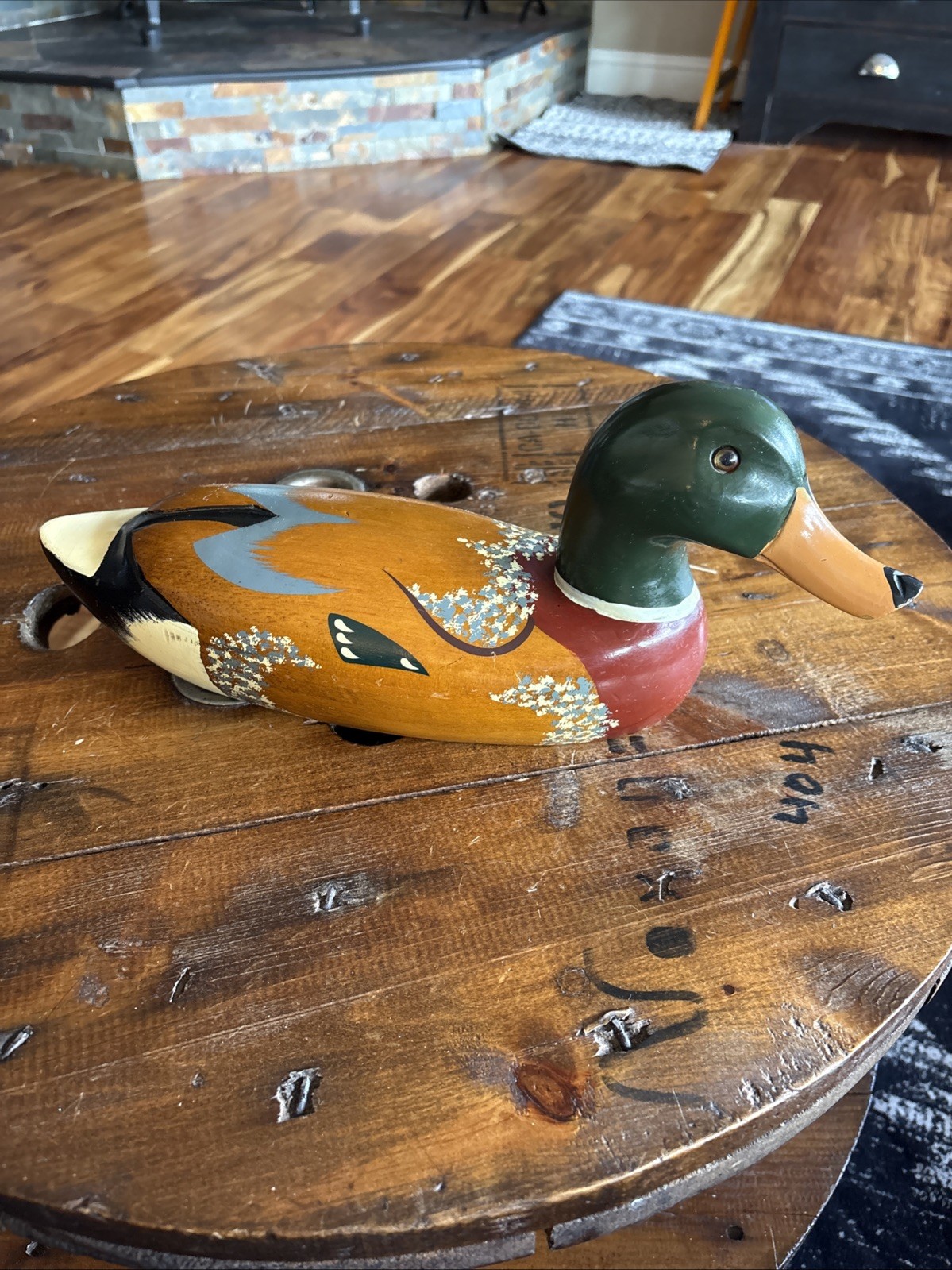 Vintage Hand Painted Carved Wood Mallard Duck Glass Eyes Made in Taiwan 14”