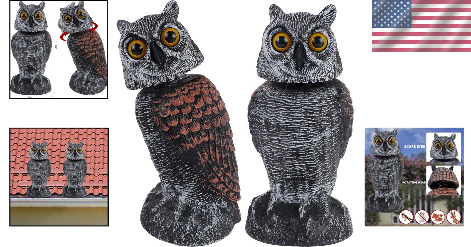 All-Season Outdoor Owl Decoy – 2 Pack Rotating Head Sculptures for Yard Safety