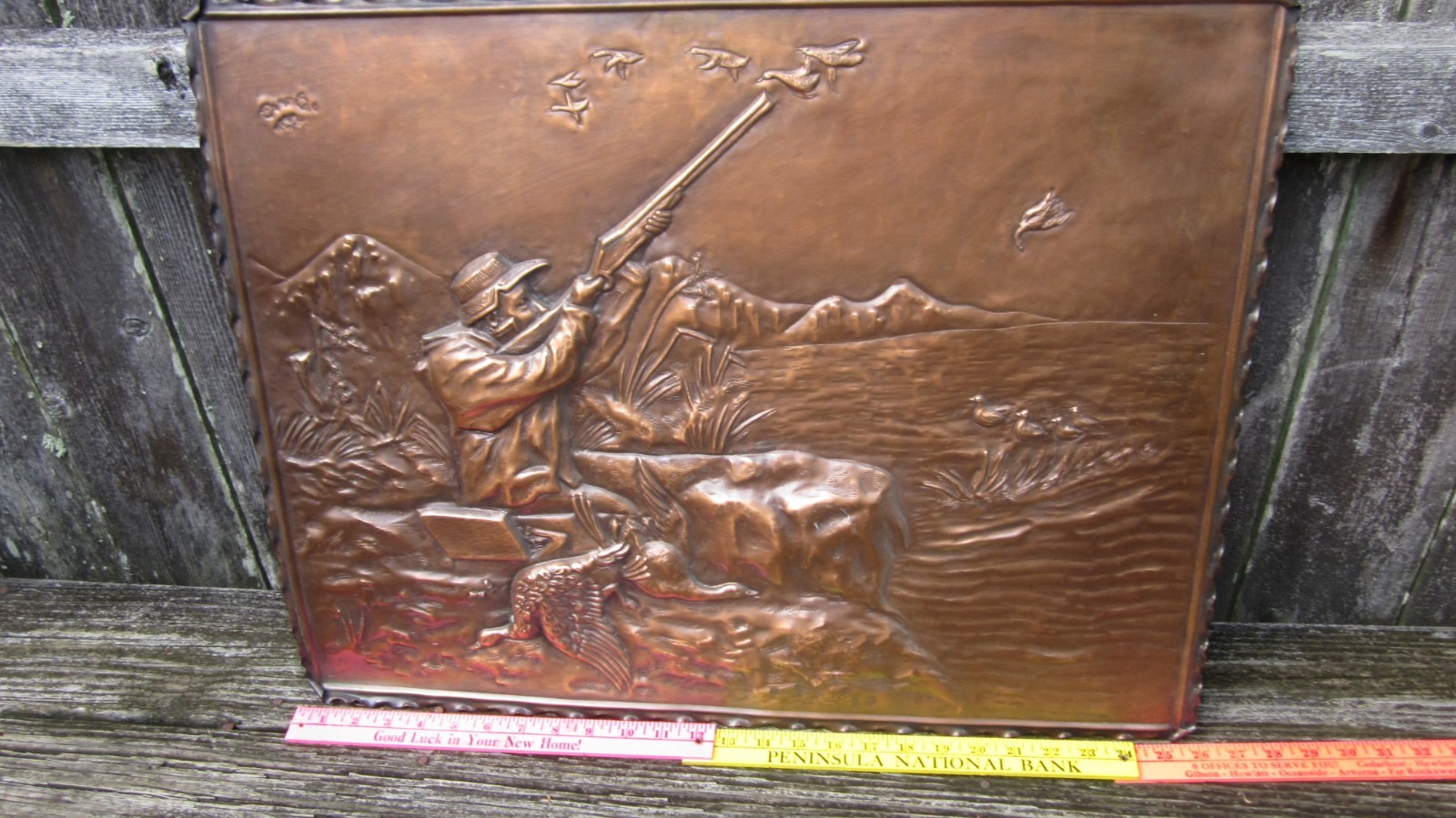 VINTAGE COPPER WALL PLAQUE DUCK HUNTING DECOY SHOTGUN SHOREBIRD SHOOTING SHELL