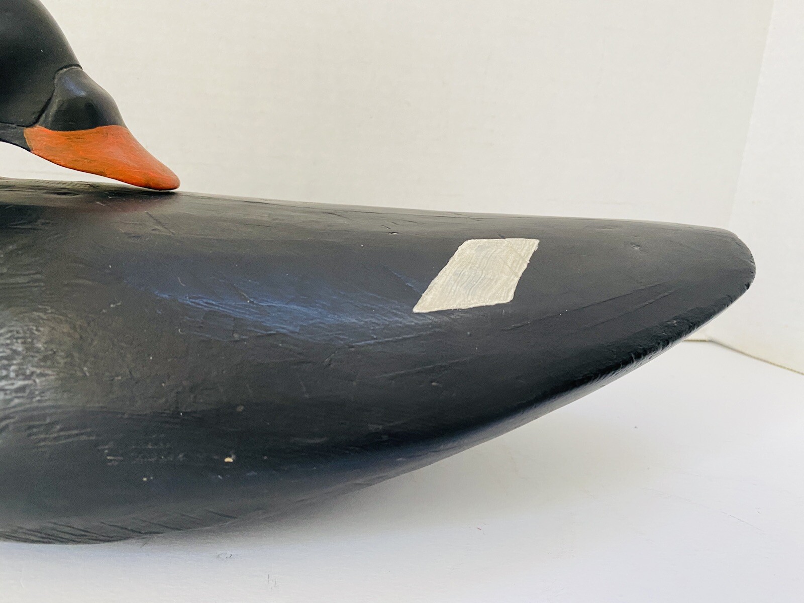 Carved Scoter Duck Decoy, Turned Back Head Position, Solid Body, Painted Eyes