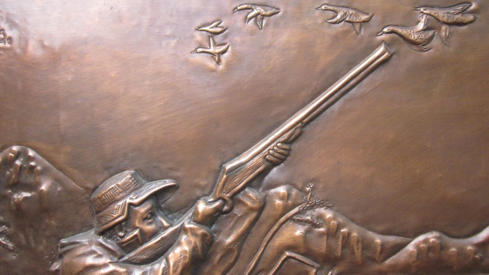 VINTAGE COPPER WALL PLAQUE DUCK HUNTING DECOY SHOTGUN SHOREBIRD SHOOTING SHELL