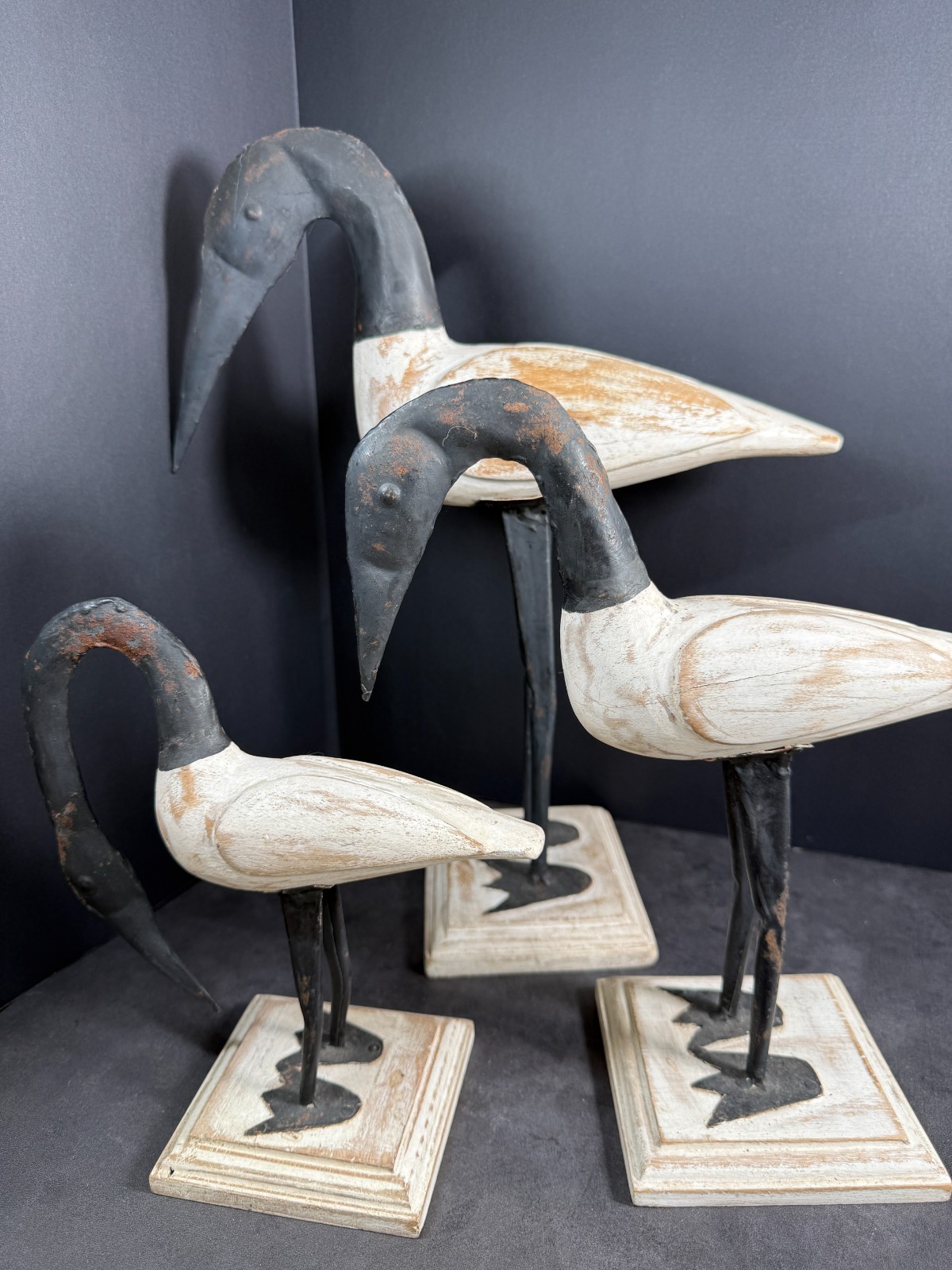 Hand Carved Wooden Shorebirds / Canadian Geese W/ Metal Accents Set of 3 White