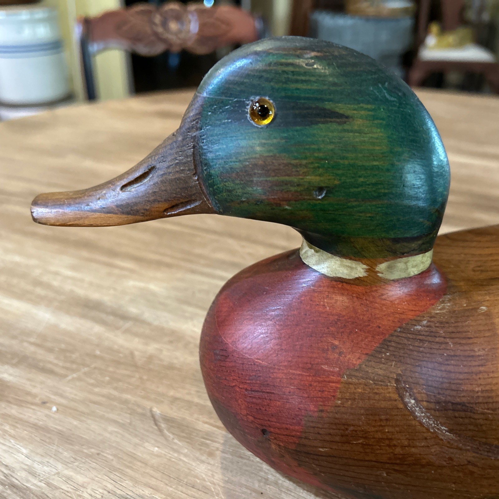 VINTAGE TOM TABER CARVED WOODEN DUCK DECOY – 15.5” LONG MALLARD DRAKE