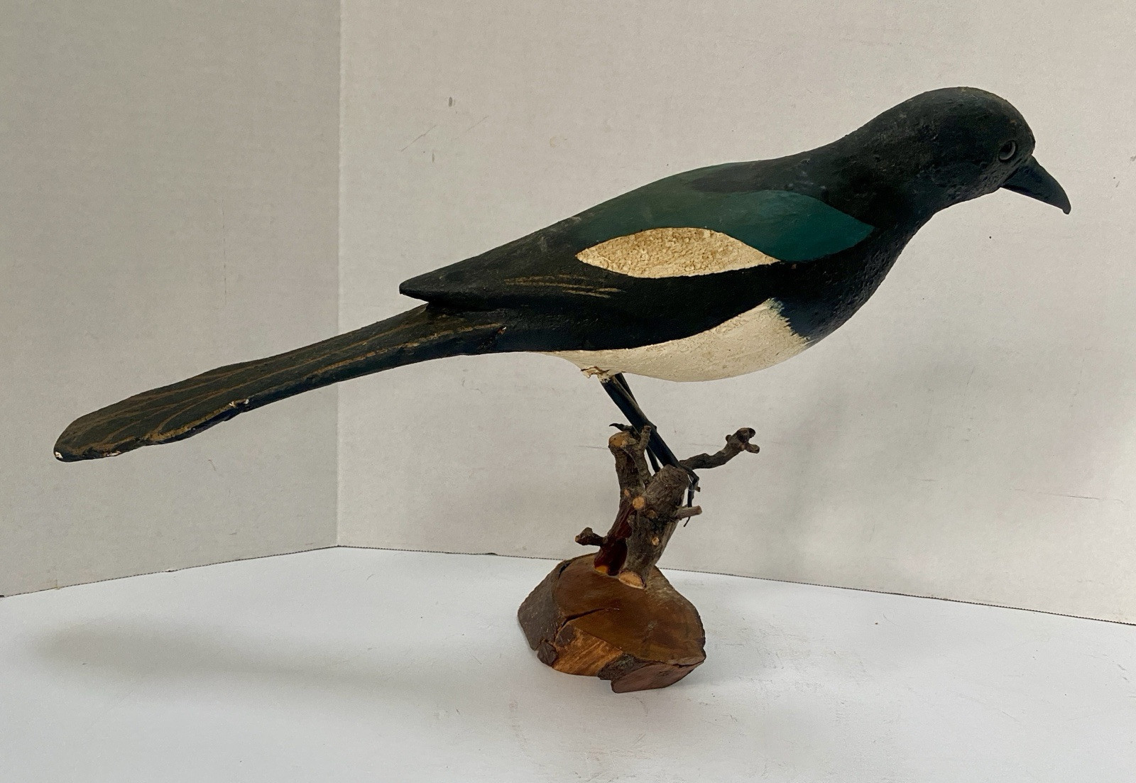 Vintage Magpie Bird Decorative Decoy, Glass Eyes, Wire Legs, Hand Painted