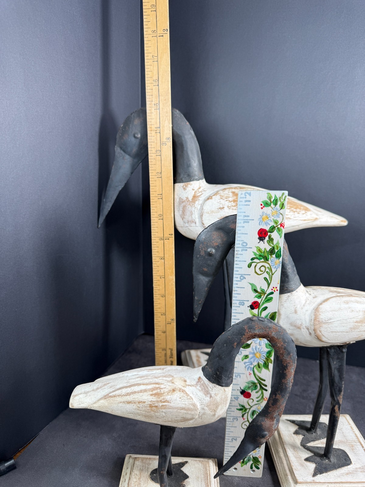 Hand Carved Wooden Shorebirds / Canadian Geese W/ Metal Accents Set of 3 White