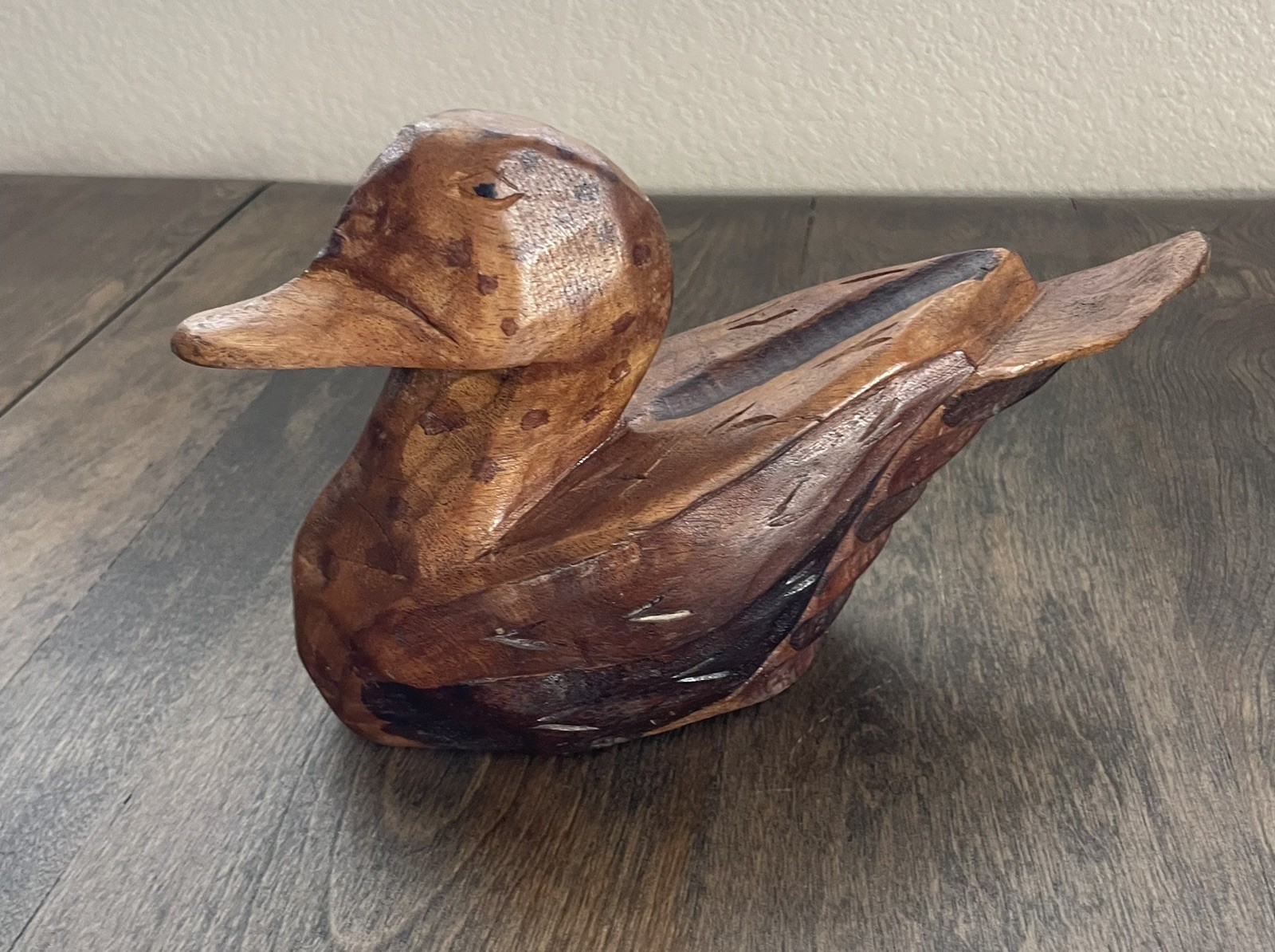 Solid Wood Duck Decoy Handmade & Carved Gorgeous Details 9” Long Wood Duck Decor