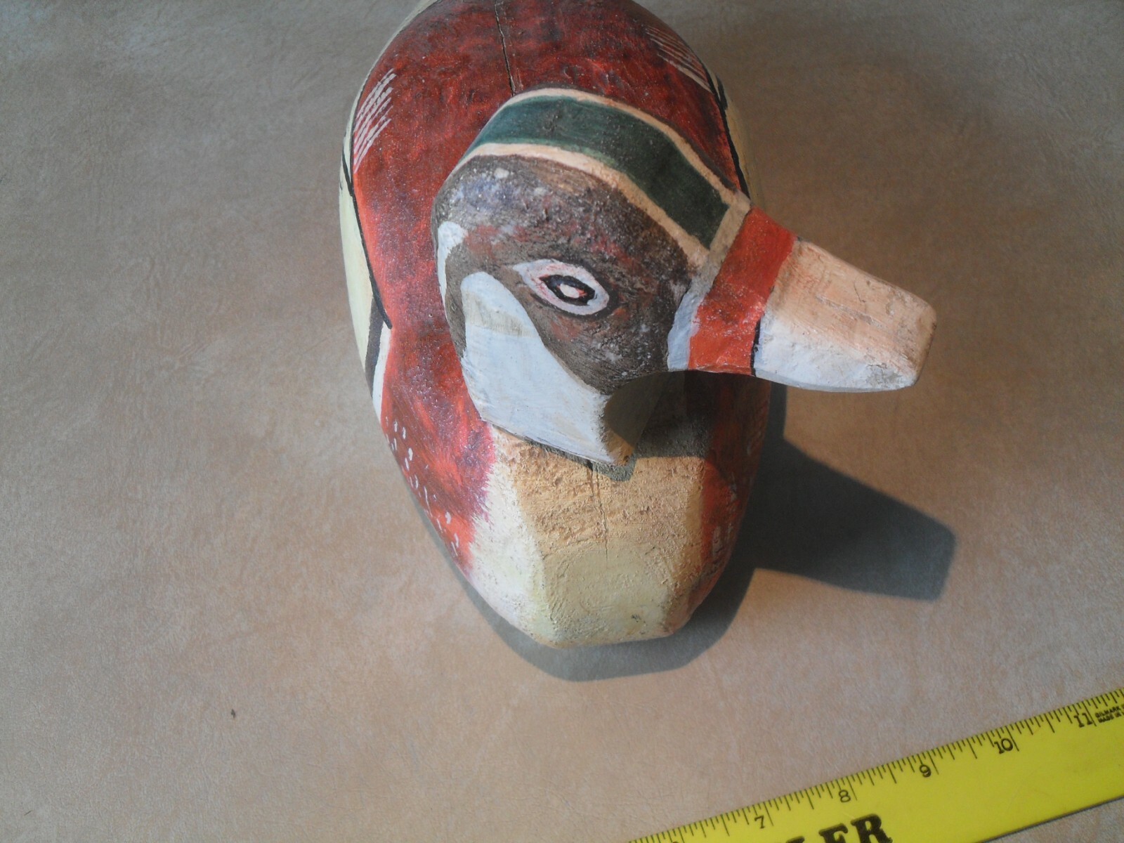 Primitive folk art hand made painted carved wood duck decoy