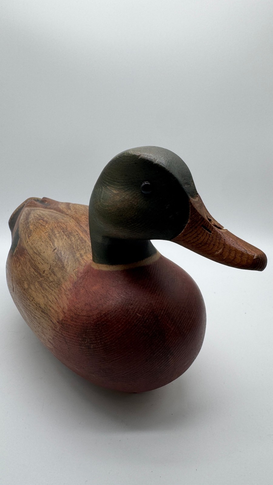 Vintage 1980 Hand Carved Solid Wood Mallard Drake Duck Decoy Glass Eyes Signed