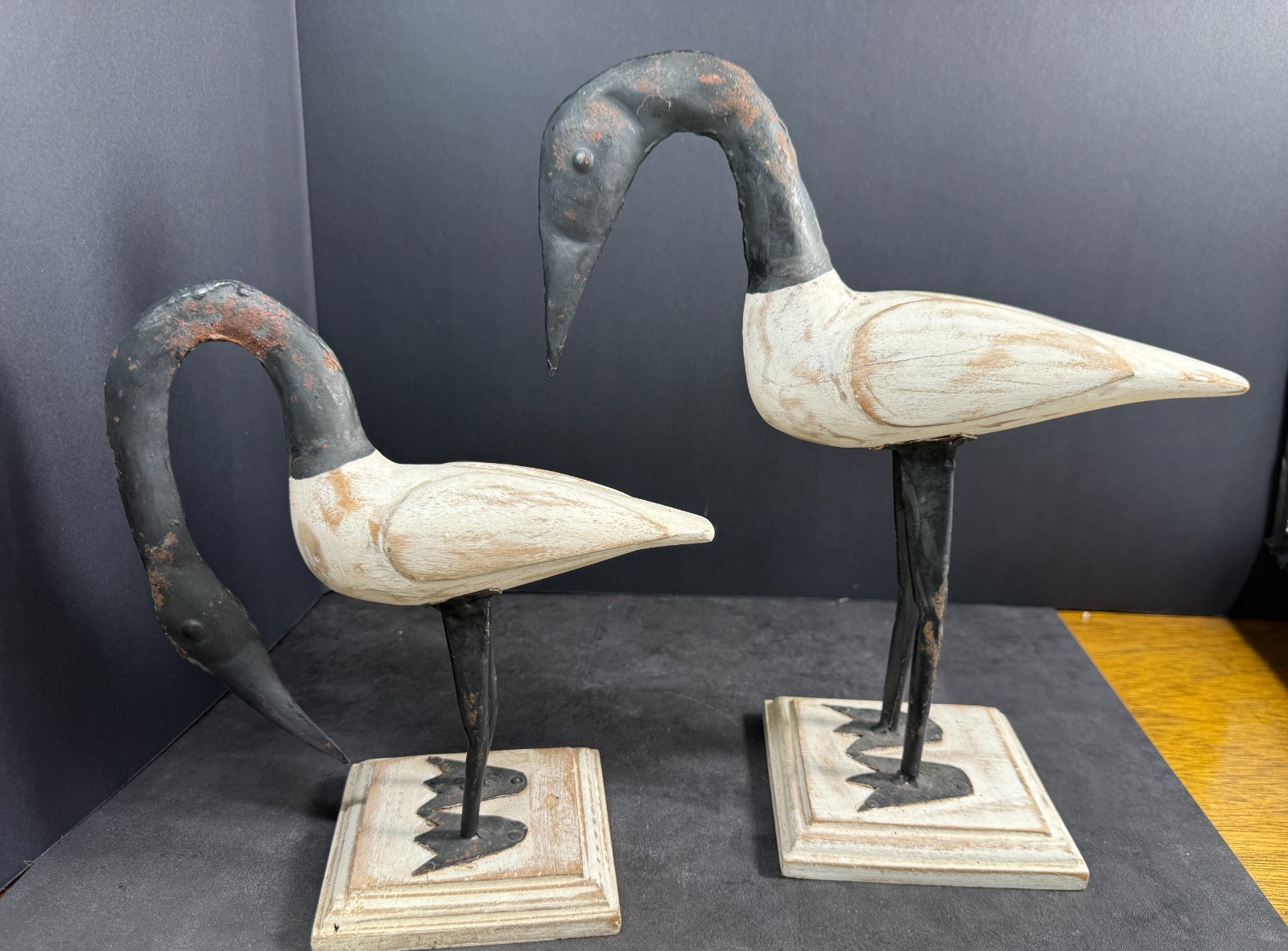 Hand Carved Wooden Shorebirds / Canadian Geese W/ Metal Accents Set of 3 White