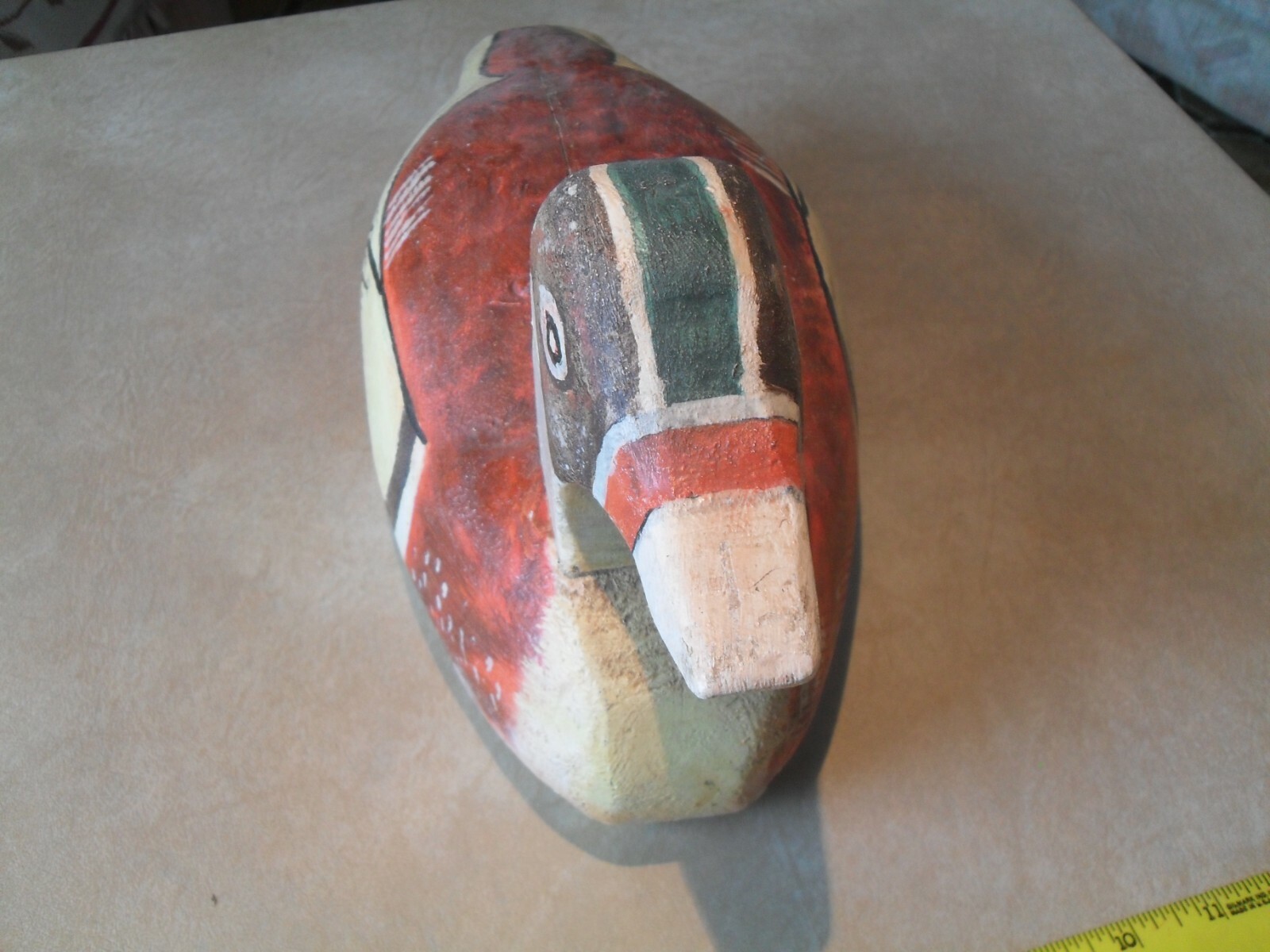 Primitive folk art hand made painted carved wood duck decoy