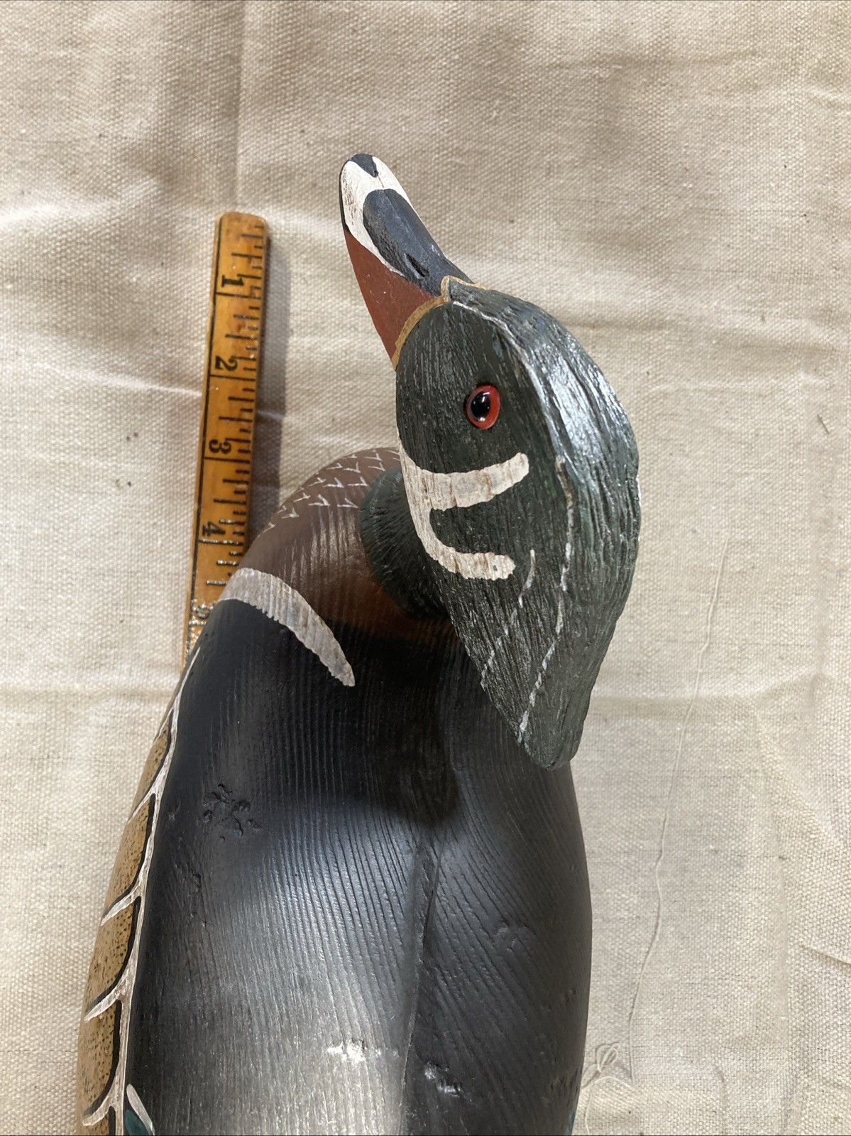 Vintage Handmade Wooden Duck Decoy Drake 15” Long Signed,Glass Eyes Stunning