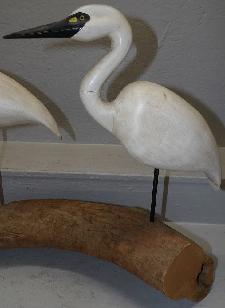 Painted Carved Wood Two Heron Bird Decoy Artist Signed