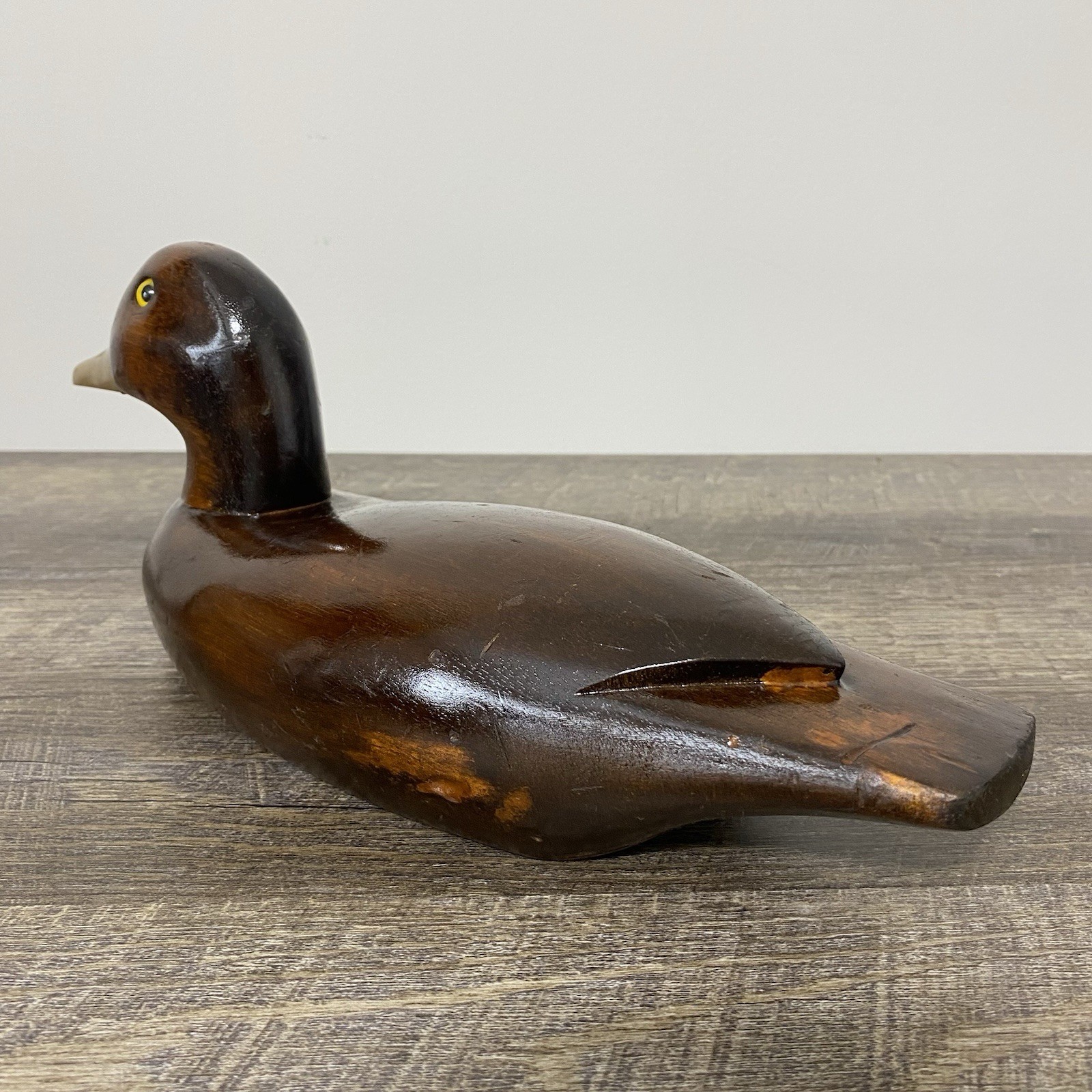 Vintage Pair of Hand Carved Wood Duck Decoys Brass Bill Folk Art Brown 15” & 12”