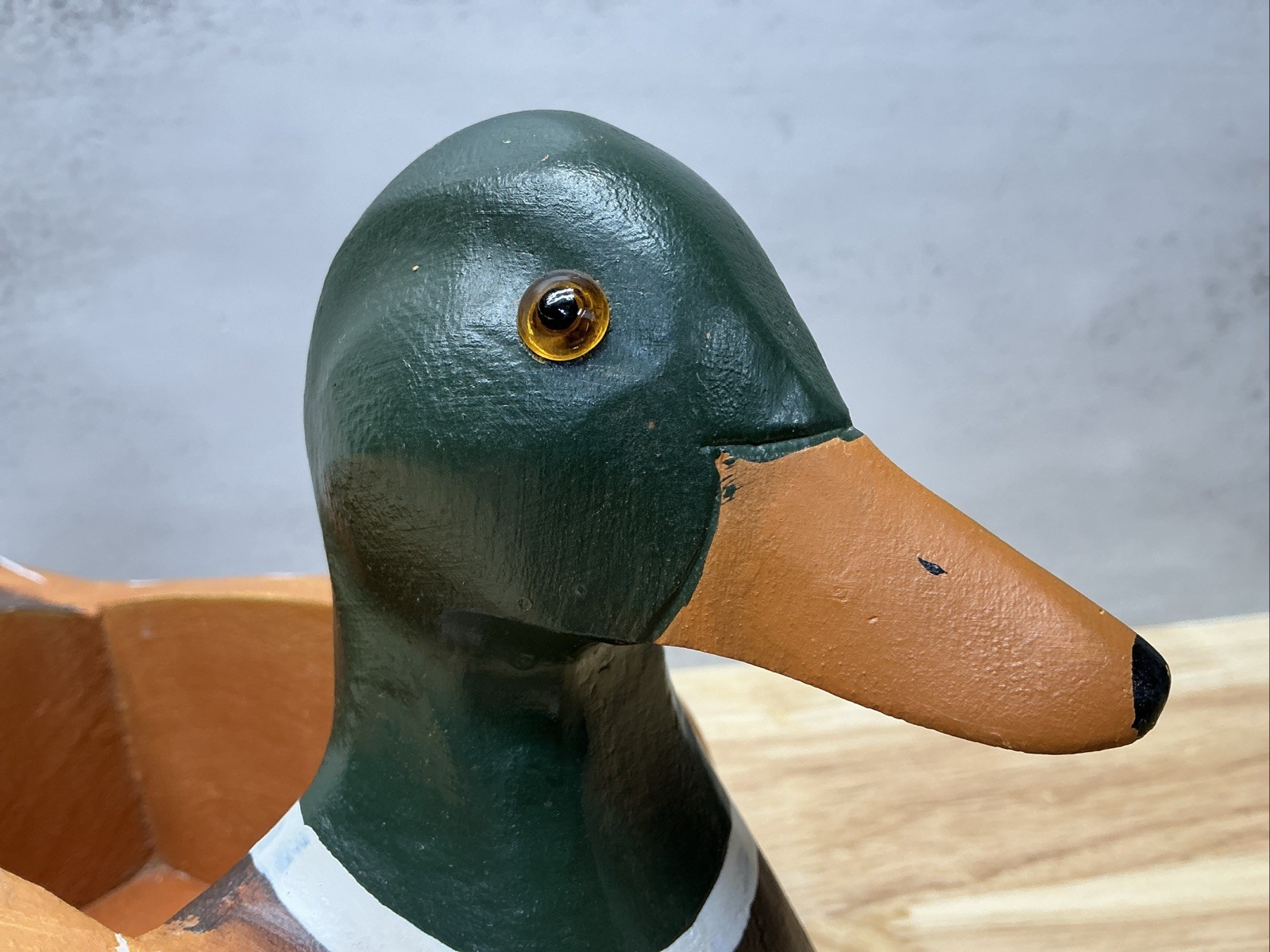 Vintage Hand Made Painted Wood Duck Mallard Glass Eyes Decoy Trinket Box, 11.75”