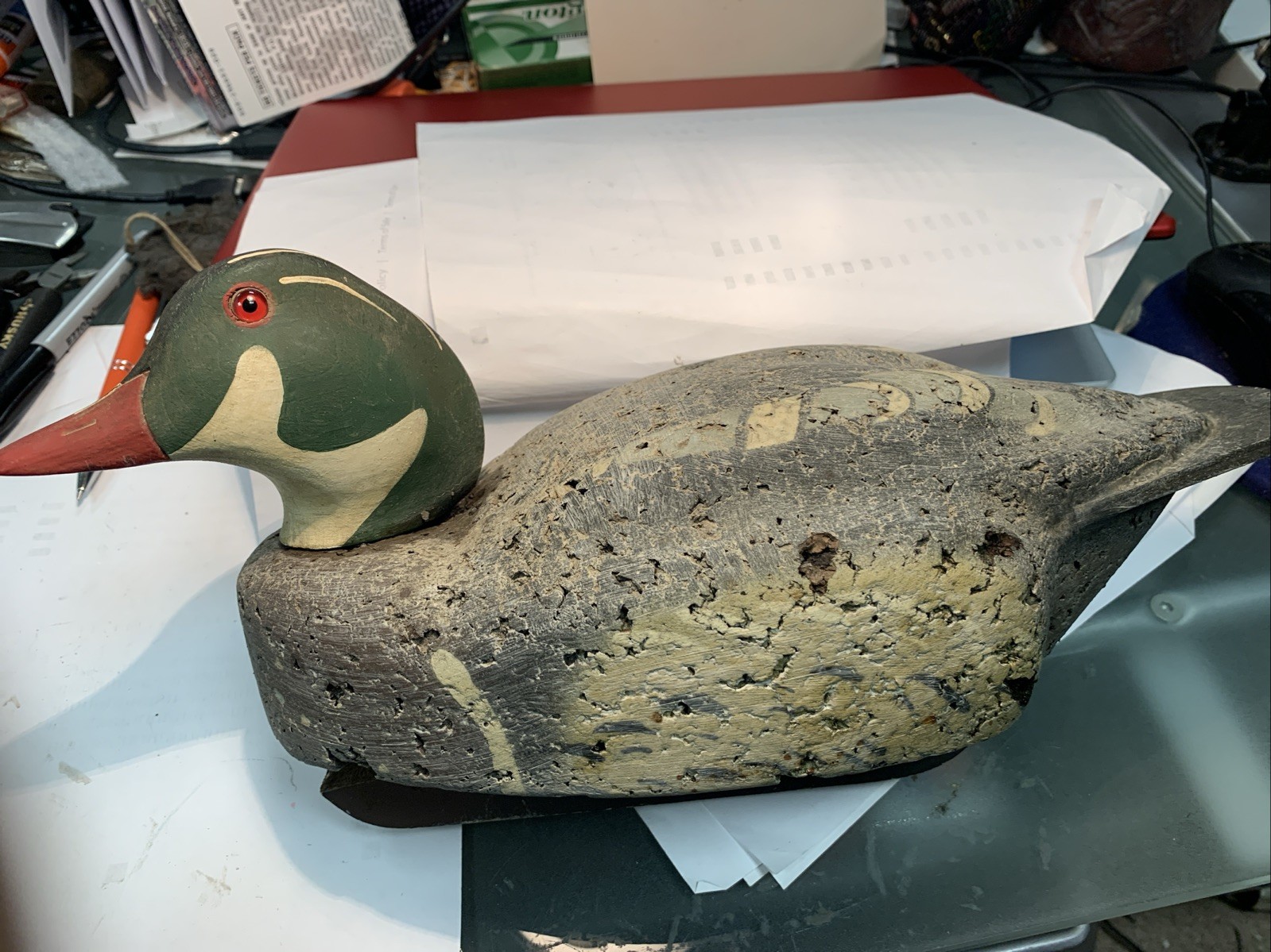 Vintage LL Bean Drake Wood Duck Cork Body Wood Decoy Glass Eyes Excellent