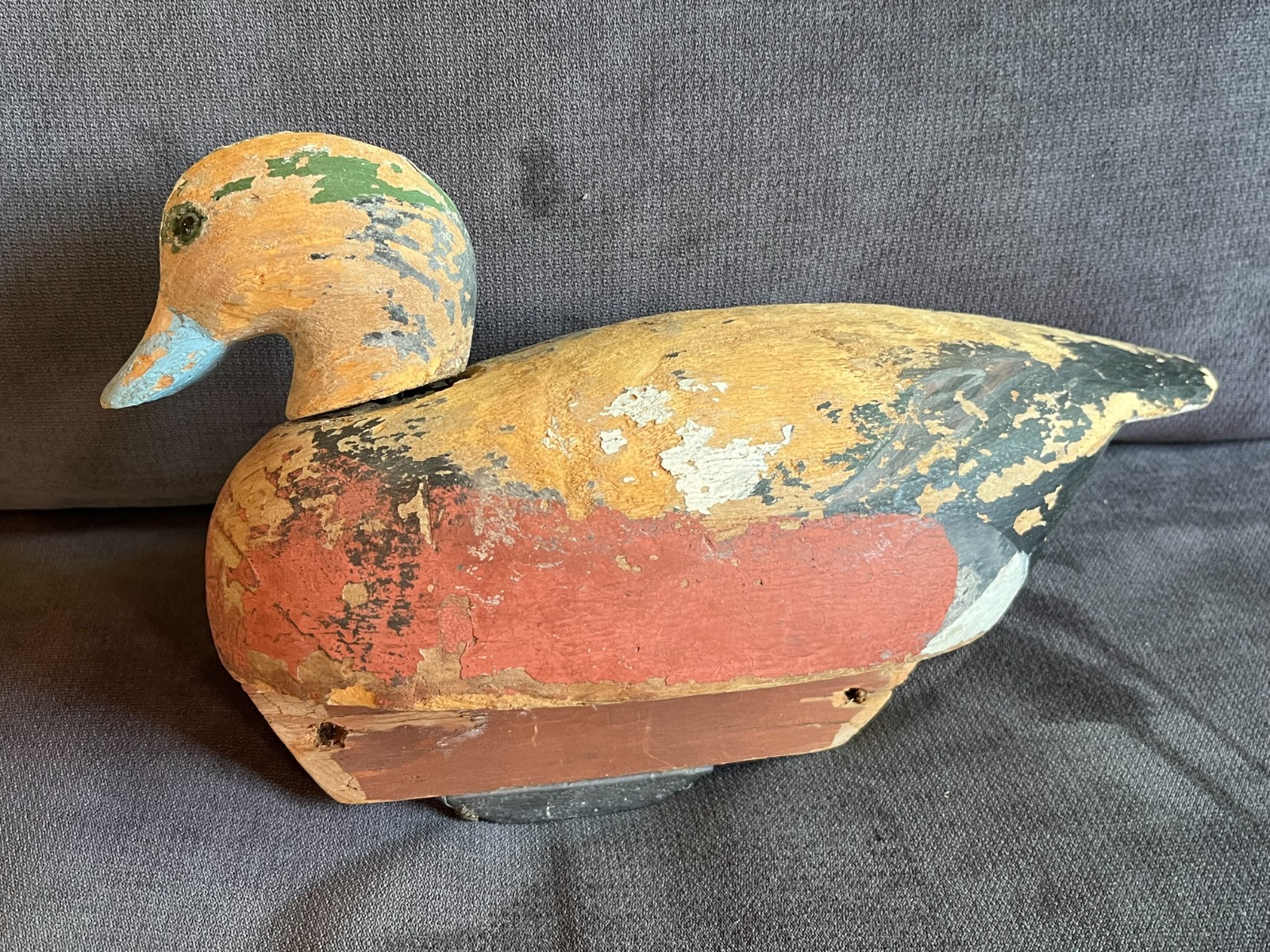 Vintage HAND CARVED WOODEN DUCK DECOY Primitive Folk Art 12″ Long, Lead Weight