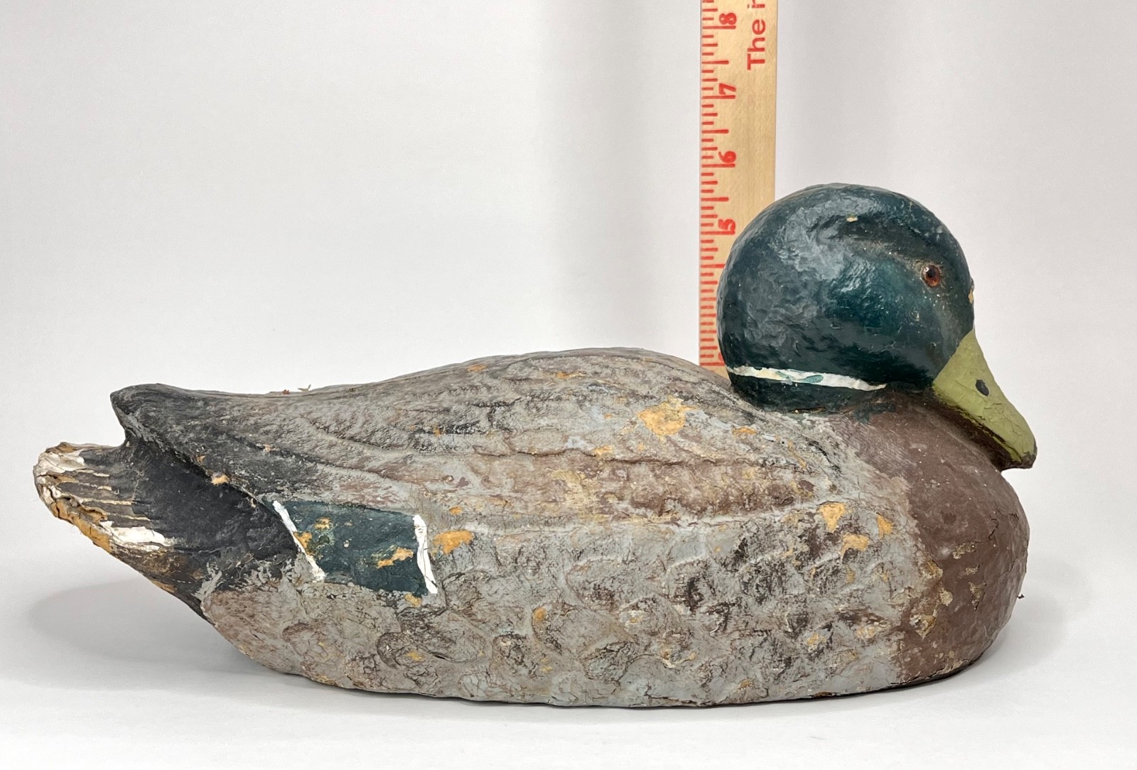 Antique Duck Decoy. 1940’s Americana. Papier-mâché. vintage hunting gear.