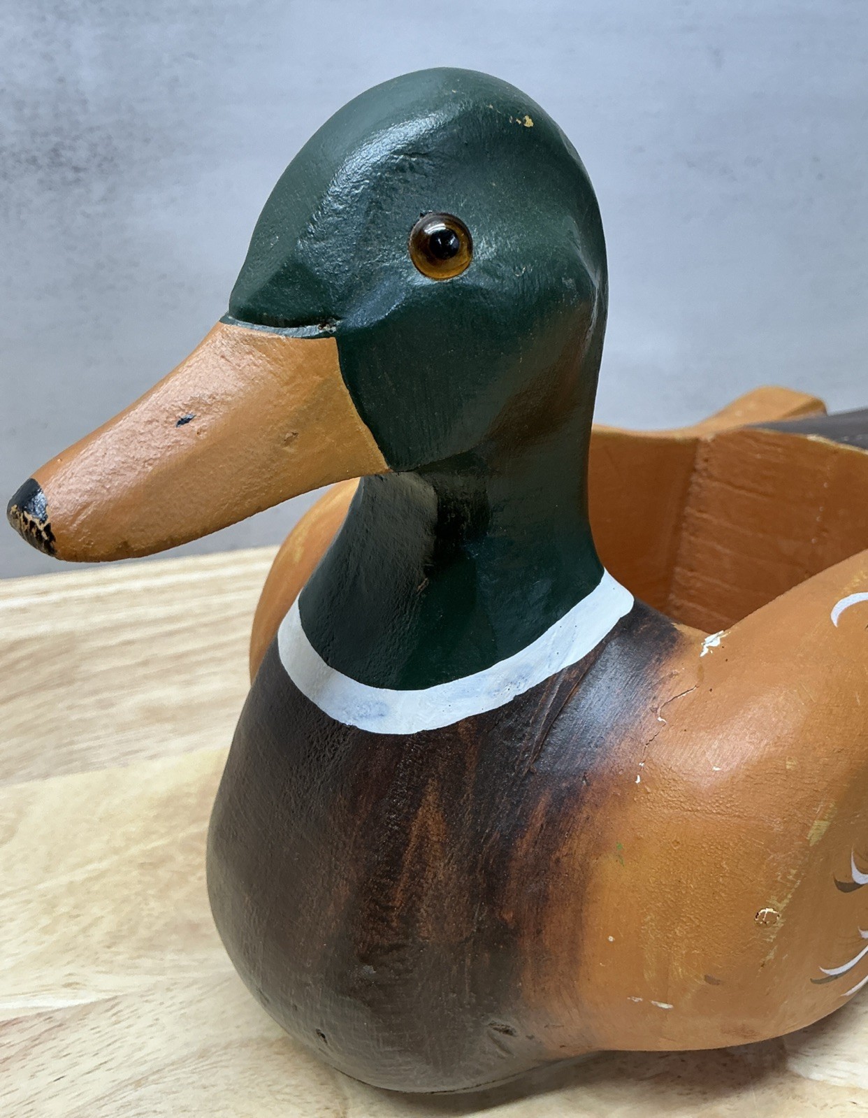 Vintage Hand Made Painted Wood Duck Mallard Glass Eyes Decoy Trinket Box, 11.75”